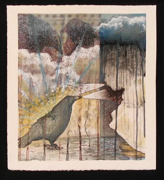 A Conversation, 2007; ink transfer, contè crayon, gesso, india ink, spray paint on Rives BFK, 11" x 10"
