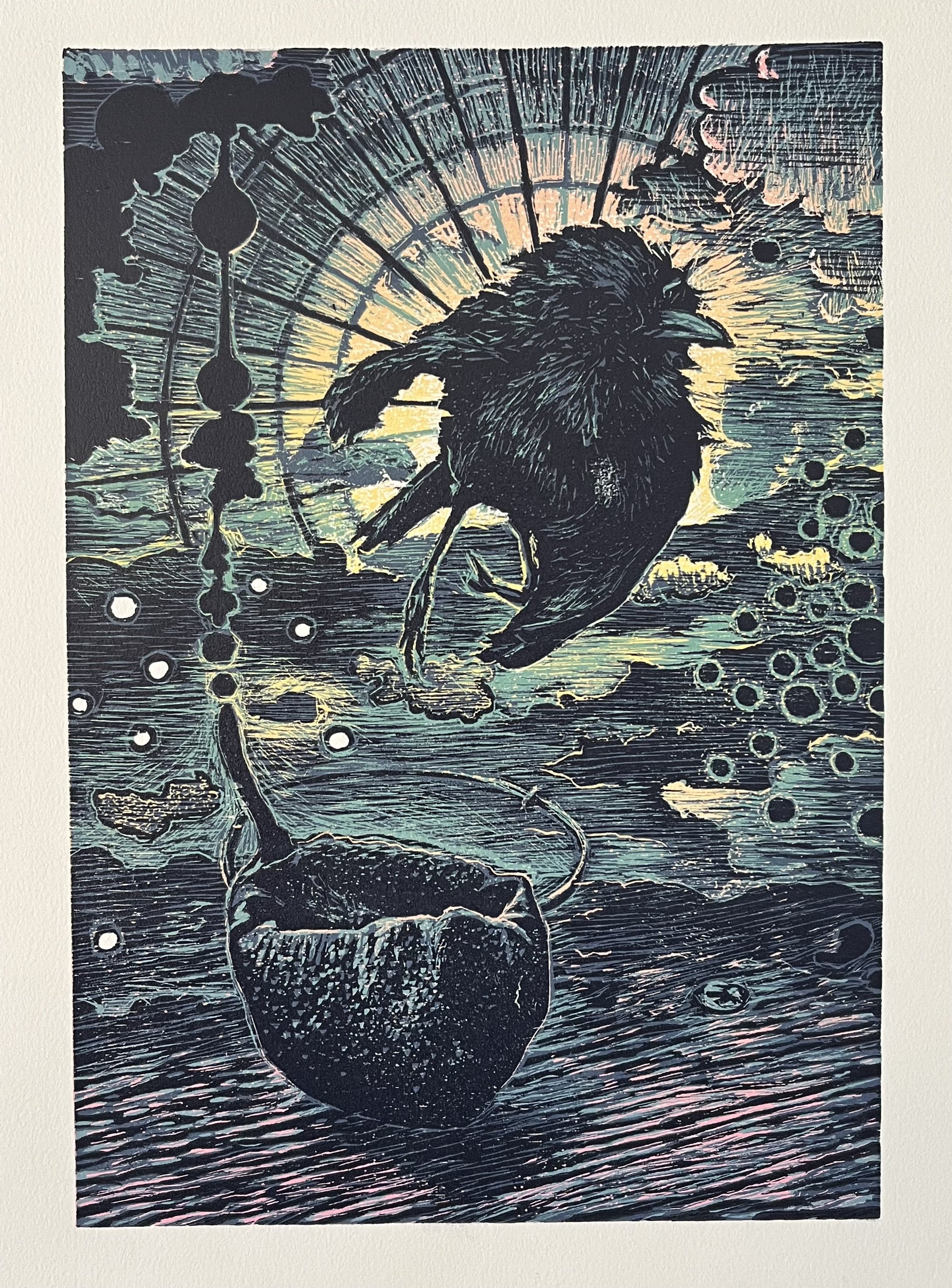 Natural Instinct: Flight Risk, woodcut, 15" x 11", 2023