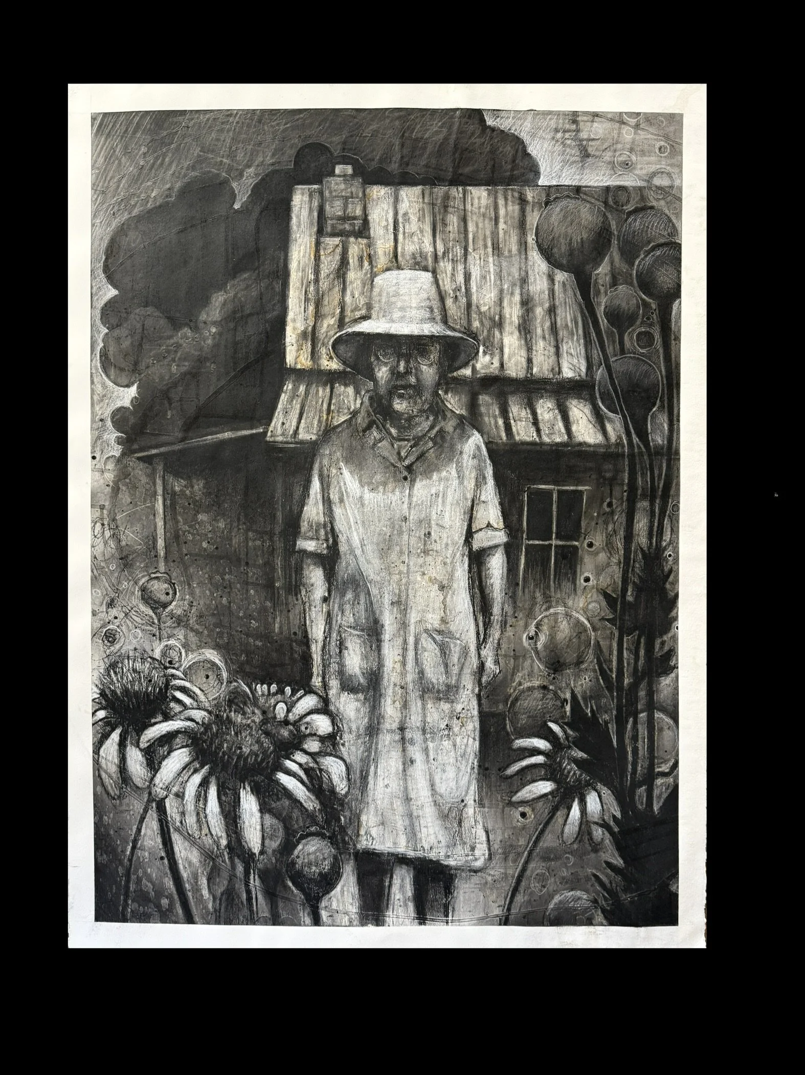 Figure Study (queen of pentacles),  2026; charcoal, contè crayon, pastel, gesso, ink wash, colored pencil, coffee stains on Legion Stonehenge, 30" x 22"