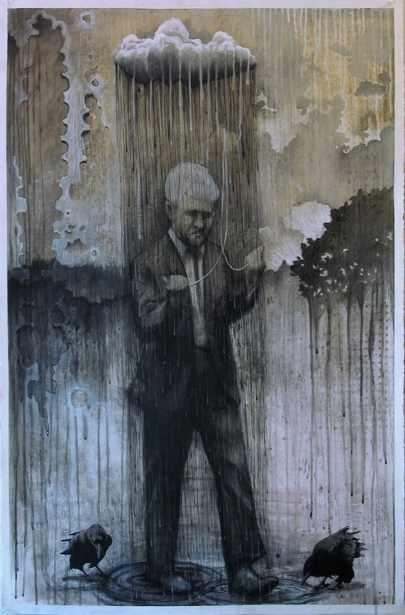 Apocrypha: Two Crow Luck, 2009; mixed media on Legion Stonehenge, 42" x 28"