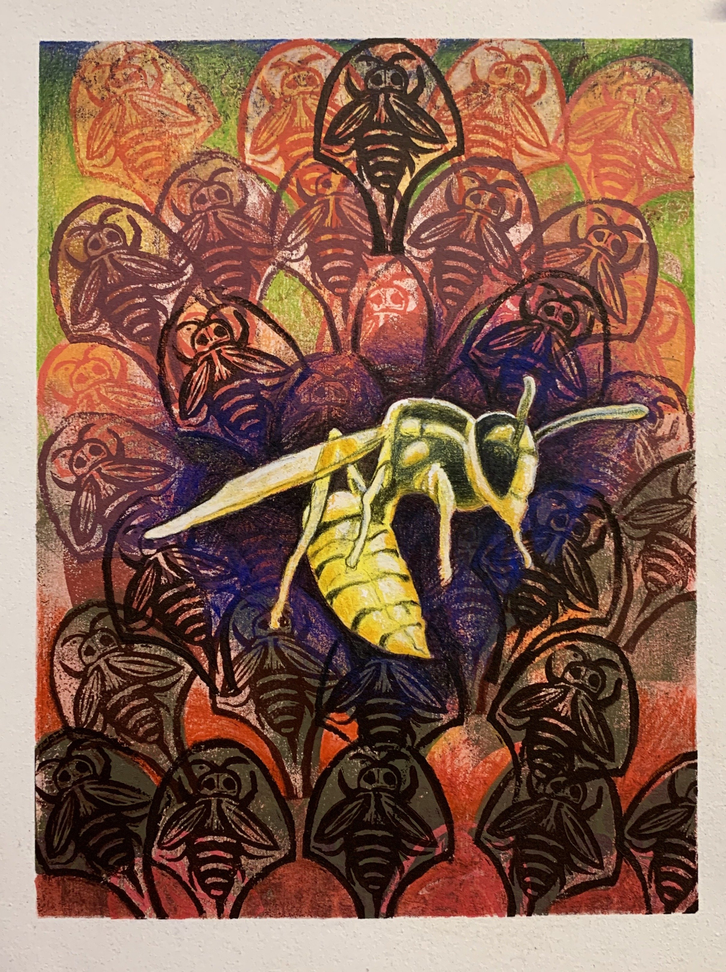 Infested, monotype w/ rubber stamp and colored pencil, 15" x 11", 2020