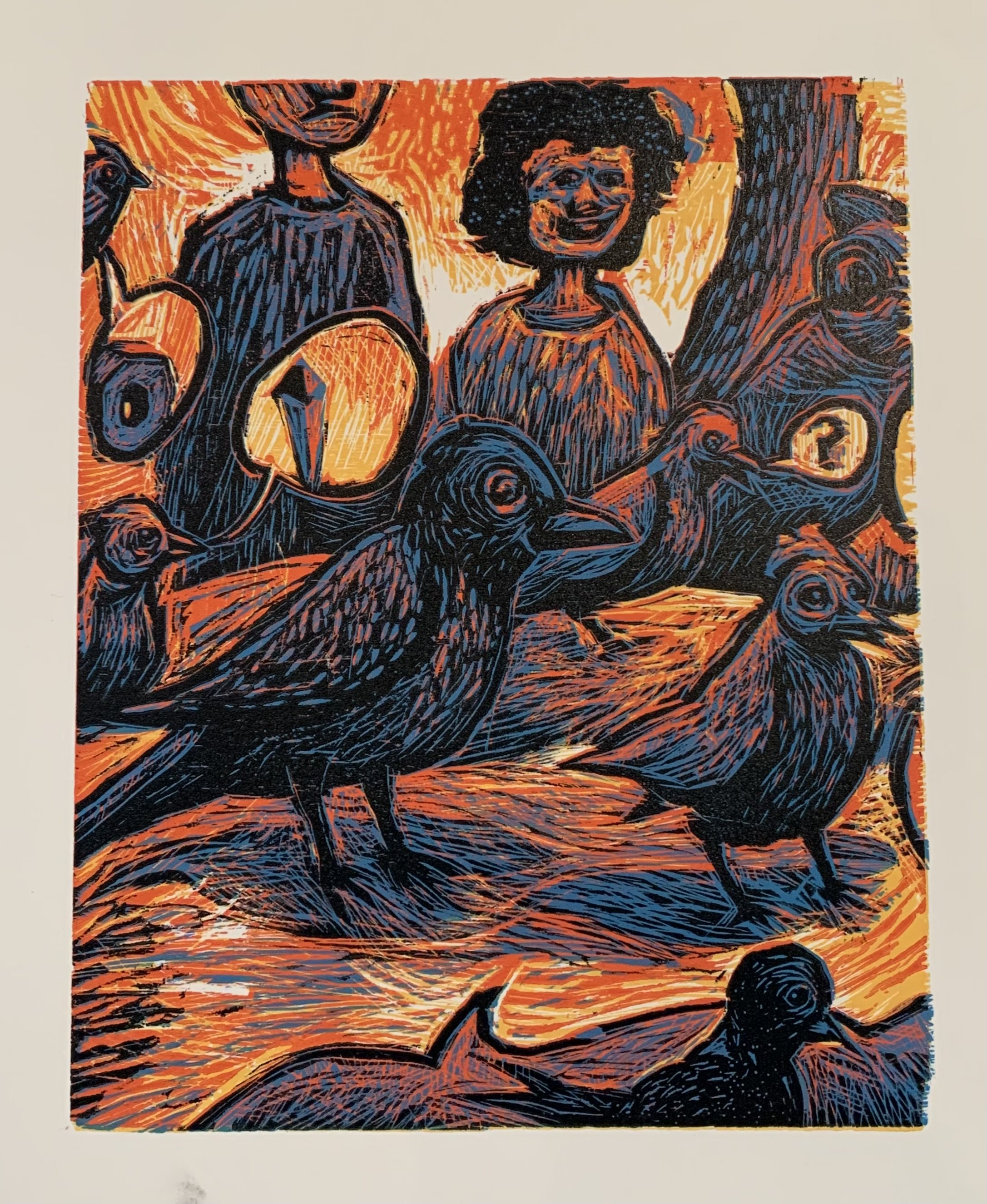 Chasing the Birds, woodcut, 14" x 11", 2021