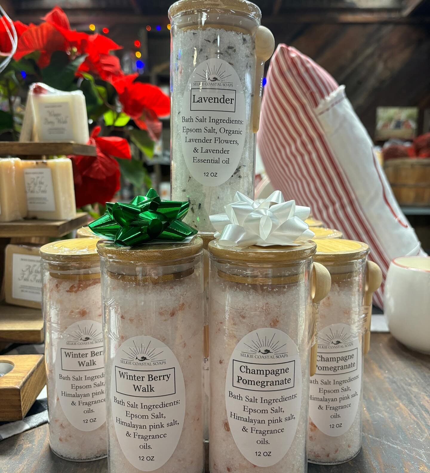 Now available, @selkiecoastalsoaps bath salts in scents: Champagne Pomegranate, Lavender, and Winterberry Walk. Looking for last minute gifts? These make the perfect present for someone needing a little spa-time at home. These and our soaps are in li