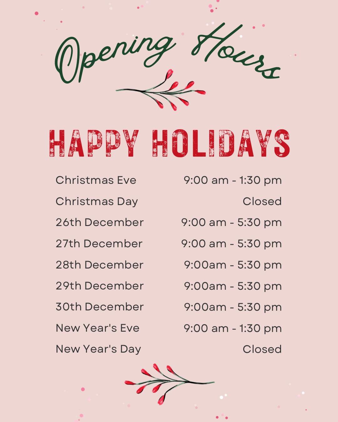 Here are our holiday hours for the rest of the year! We are still open until Christmas Day, so be sure to get some last minute gifts or treats for the holidays!