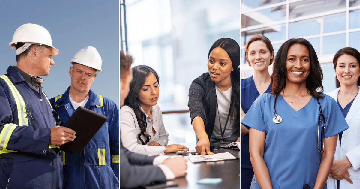 Image showing professionals in diverse industries: engineering, corporate, and healthcare.