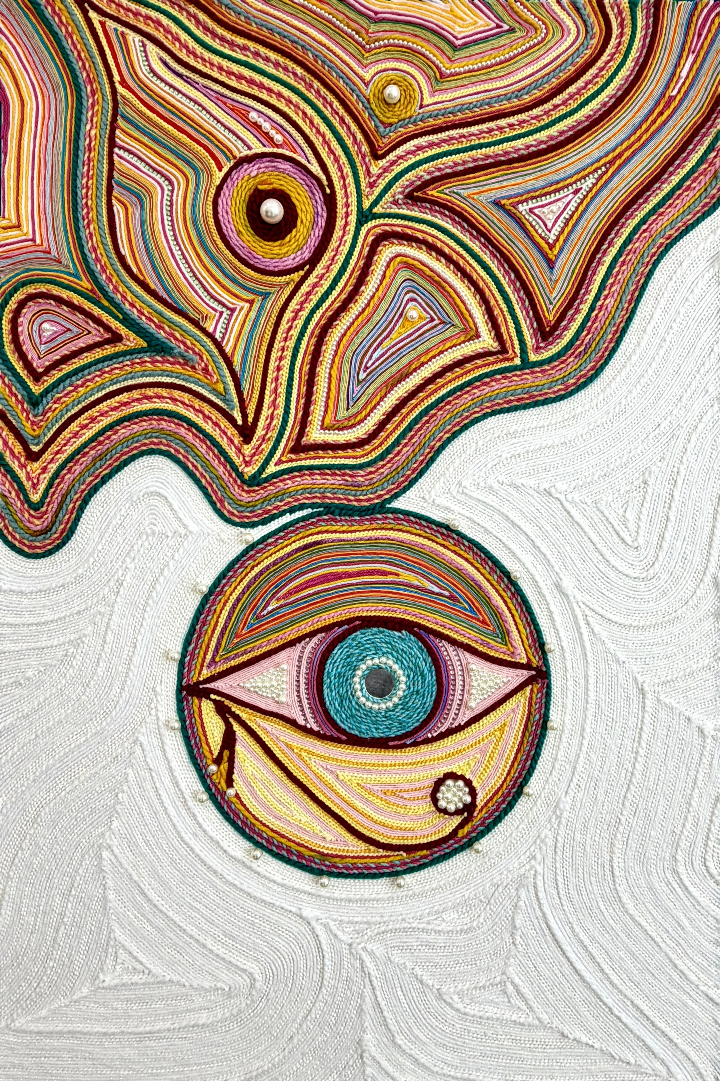 The Protector. 24x36. Yarn, Thread, Pearl, Stone, Mirror.