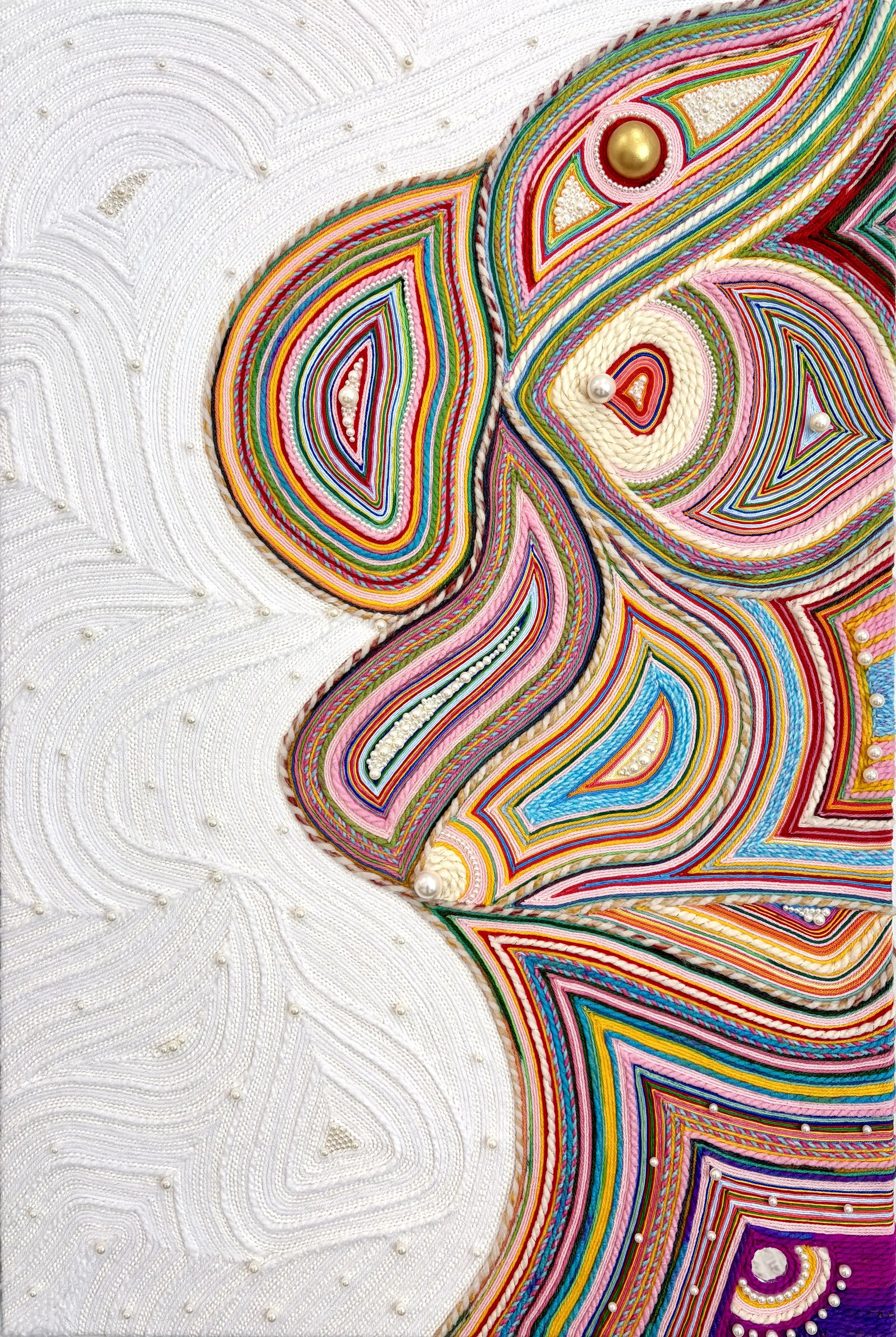 The Keeper. 24x36. Yarn, Thread, Pearl, Stone, Wood, Mirror.