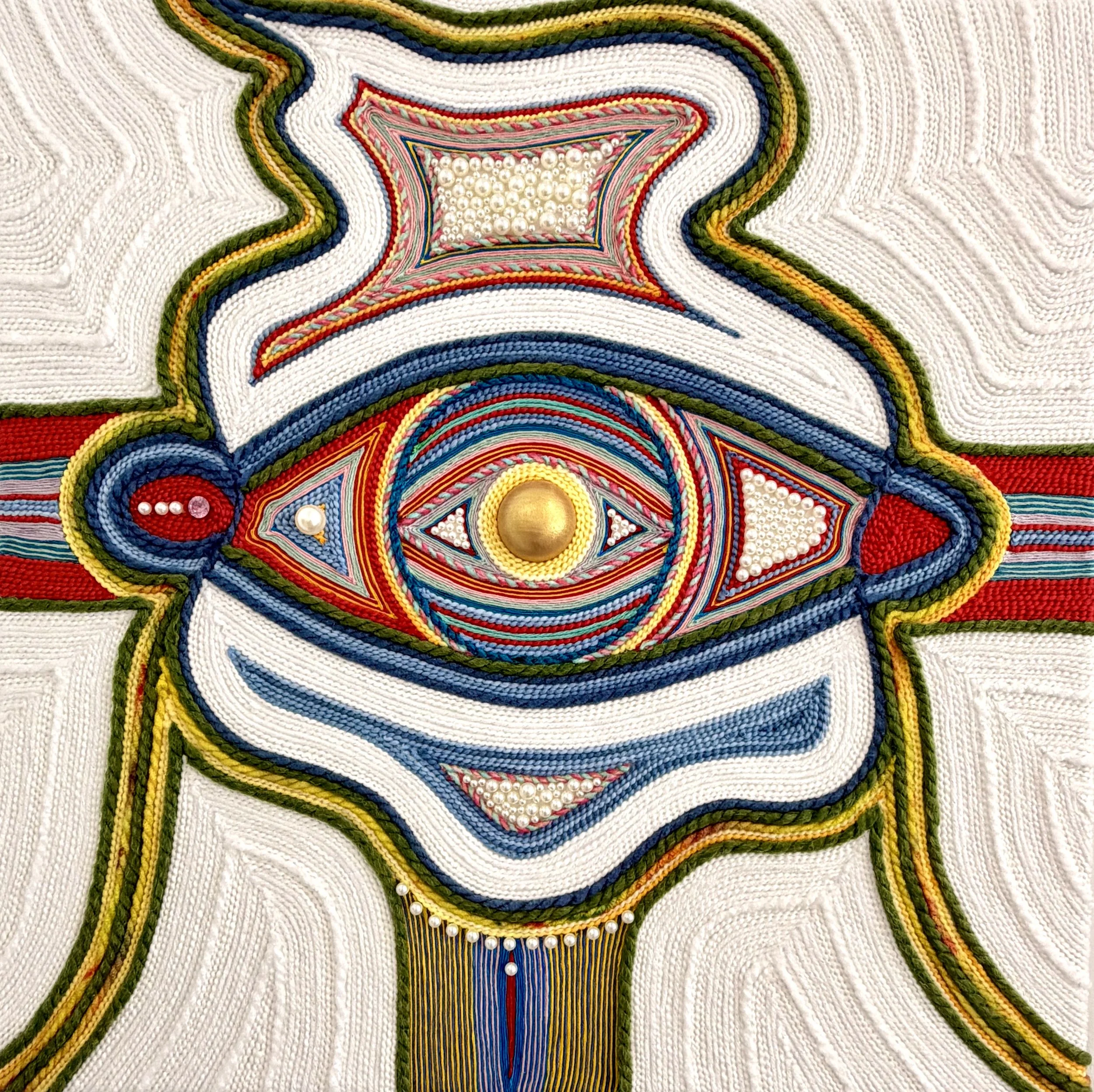 The Maiden. 20x20. Yarn, Thread, Wood, Pearl, Stone.