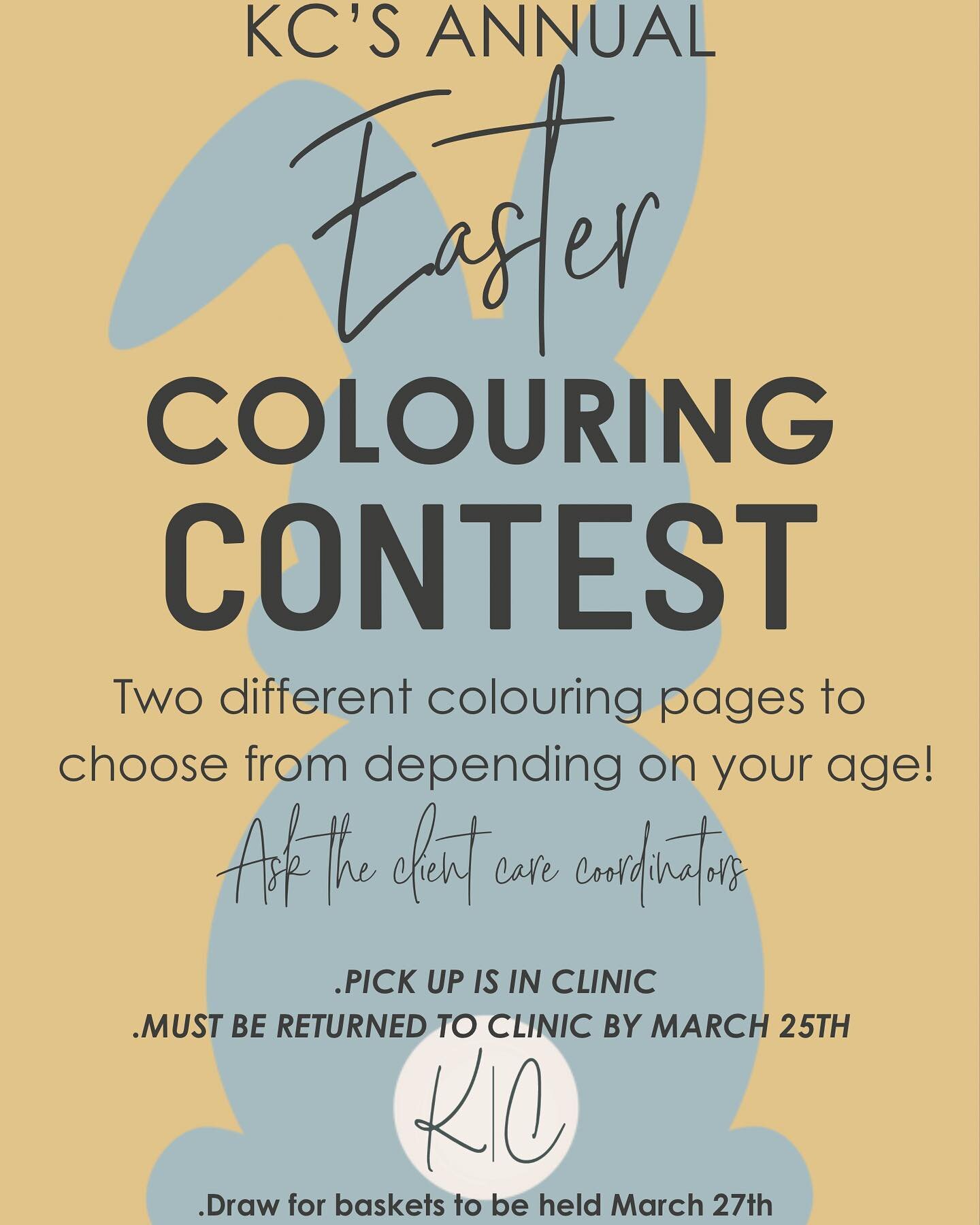 Get your Easter sheets in! 🐰 🐥 

A lot of Easter colouring sheets have gone out, but now we need them to come back! We need those beautiful completed sheets returned to the clinic no later than Monday, March 25th to be included in the basket draw! 