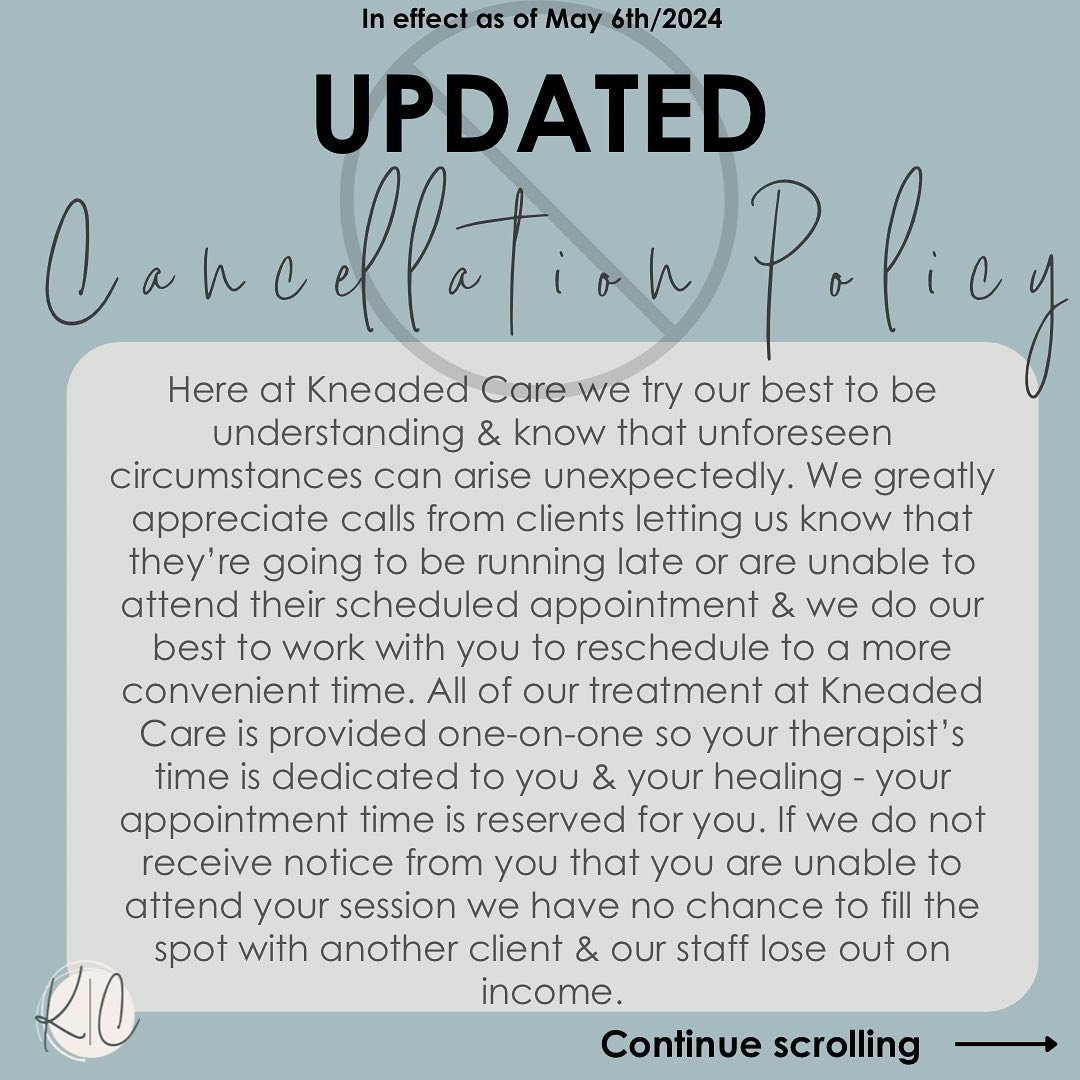 ❌ UPDATED CANCELLATION POLICY ❌

Take some time to familiarize yourself with the updates to our clinic cancellation policy, which took effect May 6th/2024.

Unfortunately, we are continuing to notice a rise in no shows &amp; late cancels &amp; with o