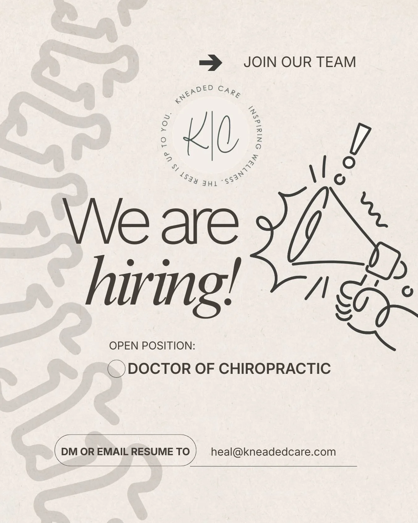 We&rsquo;re Growing! 💫

Kneaded Care is looking to welcome a passionate Doctor of Chiropractic to our collaborative wellness team.

If you&rsquo;re dedicated to helping patients move better, feel better, and live healthier lives, we&rsquo;d love to 
