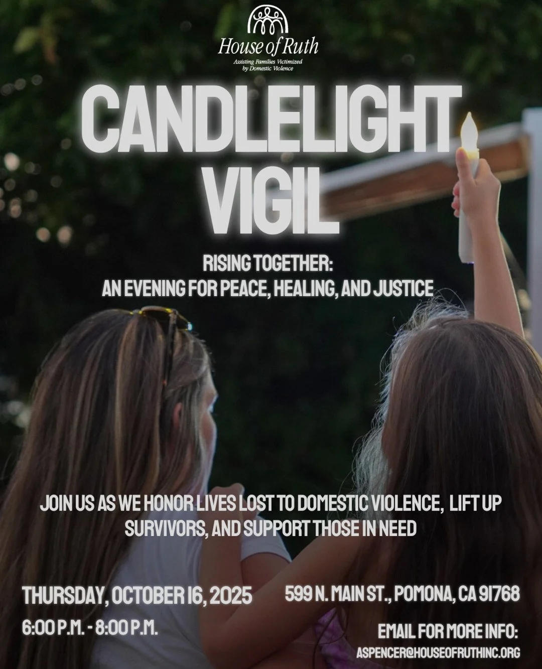 Join us on October 16, 2025 for our Annual Candlelight Vigil, as we honor the lives lost to domestic violence and stand together in remembrance and healing. This evening will include grounding techniques, survivor testimonials, community partners, an
