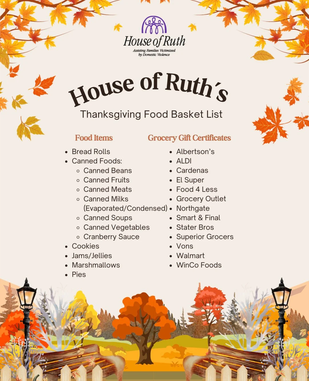 As the Fall Holidays approach, we are gathering food items to help the families and individuals in our care celebrate with nourishing and joyful meals. Every contribution goes a long way, and we are so thankful for your generosity in supporting this 