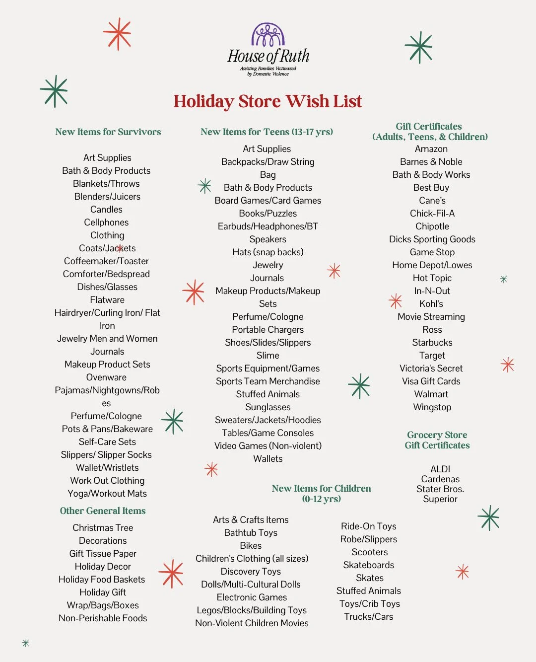 Every year, House of Ruth hosts a Holiday Store for our clients and their children, a joyful space where families can &ldquo;shop&rdquo; at no cost for gifts for one another. 💜

As we prepare for this heartwarming tradition, we need your help collec