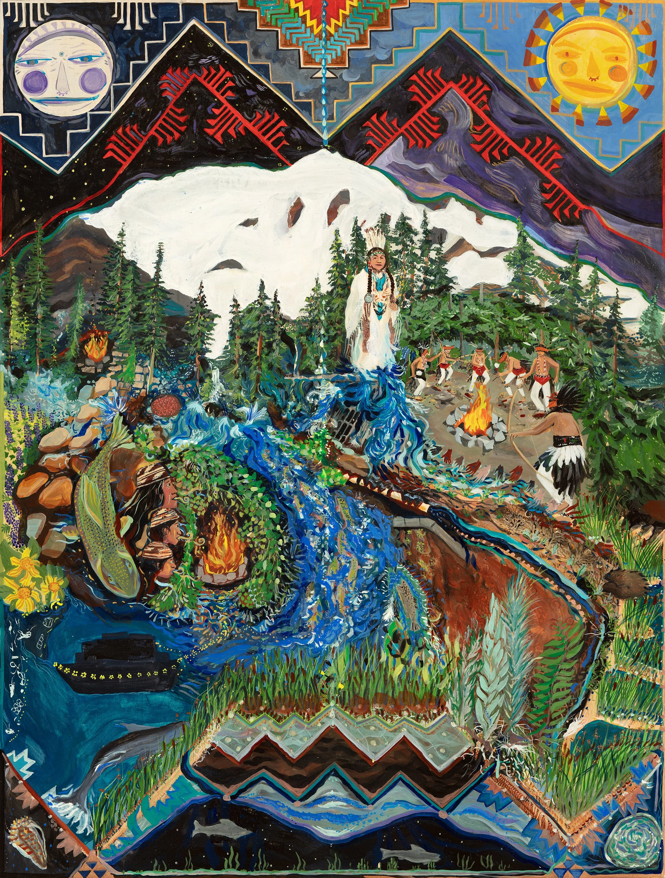 Salmon Home: Waterways Repair and Winne-
mem Wintu Cosmovision of Care, 2023

Natural pigment and gouache on board
48 x 36 inches