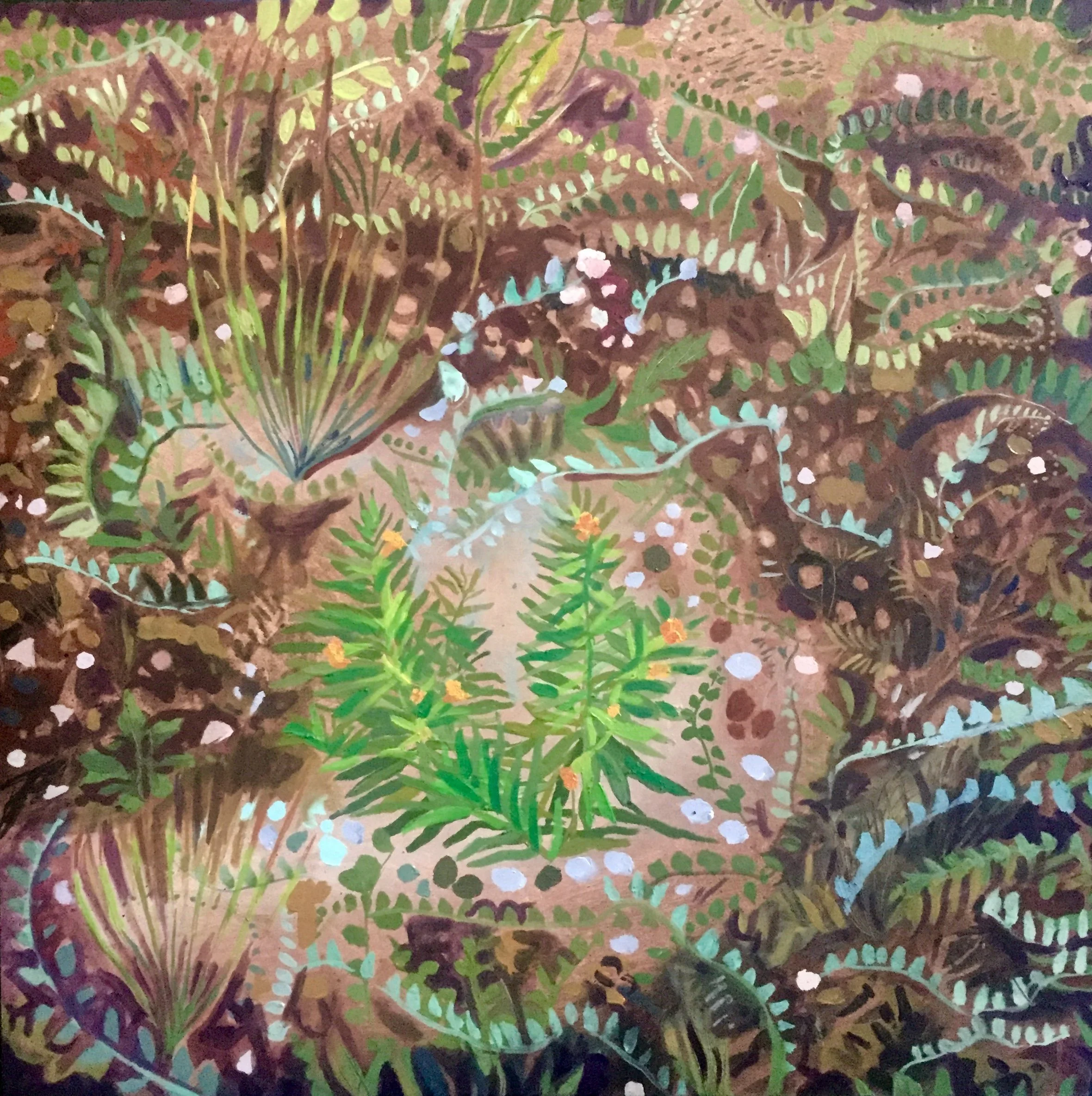 Stickey Monkey Flower, 2020, natural pigment and walnut oil on oil, 12 x 12 inches, collection of Alex Ahn