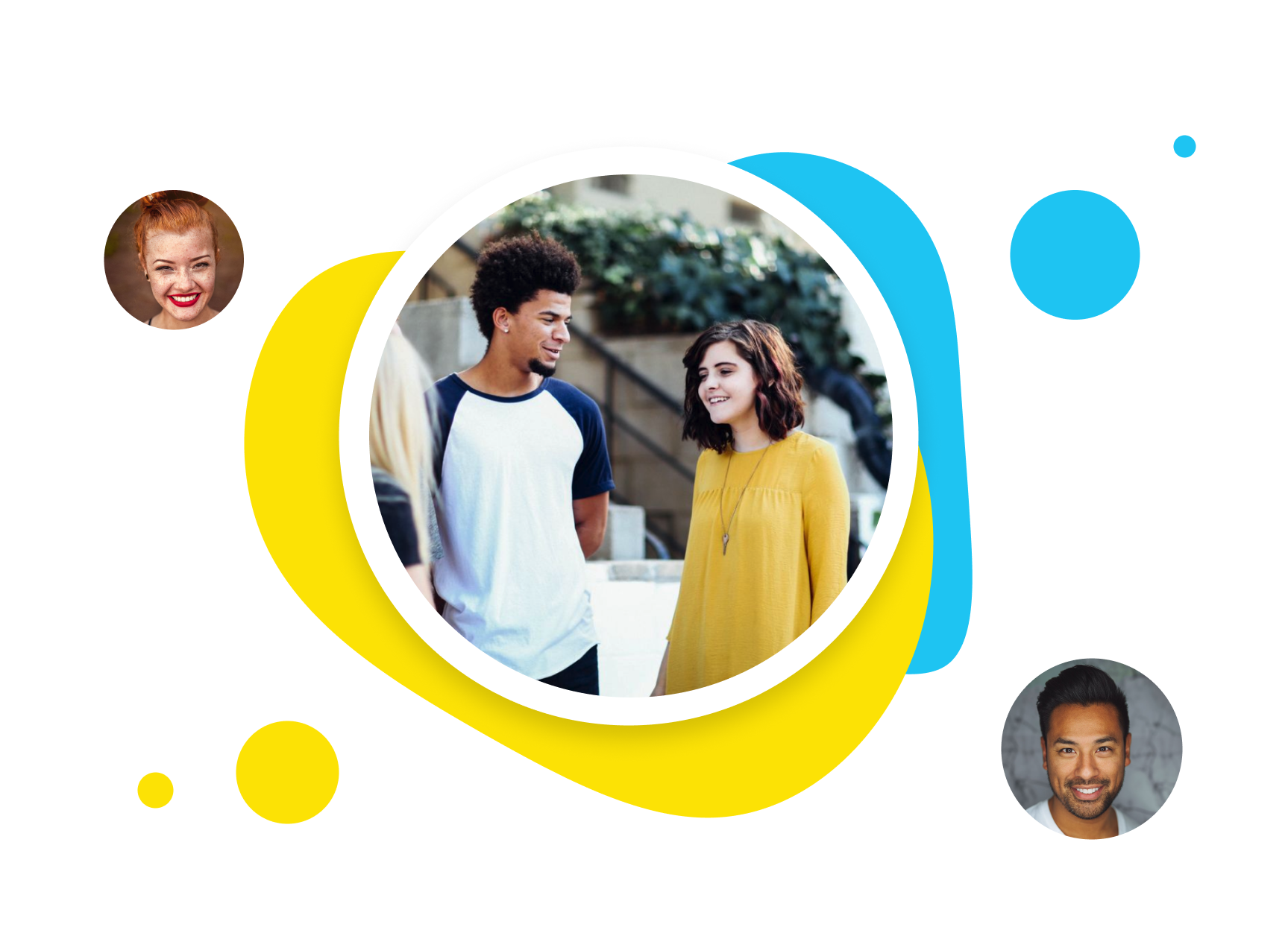 Onboarding new staff. Group of young people conversing outdoors, central young man with curly hair wearing a baseball tee and young woman with shoulder-length dark hair in a yellow dress.
