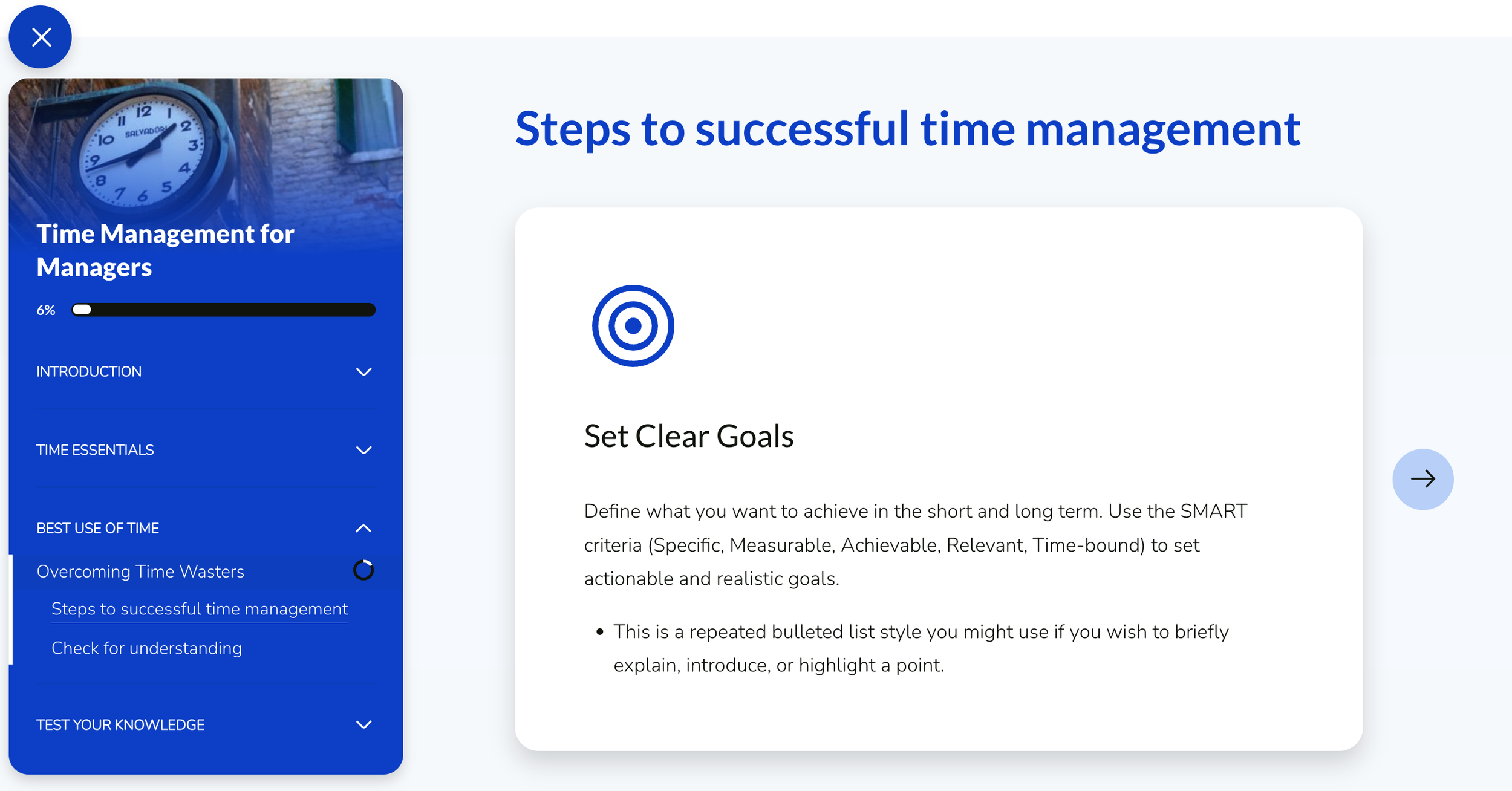 A digital course interface titled 'Steps to successful time management' with a blue sidebar listing sections such as 'Introduction', 'Time Essentials', and 'Best Use of Time', and a main content area explaining the importance of setting clear goals with a target icon.