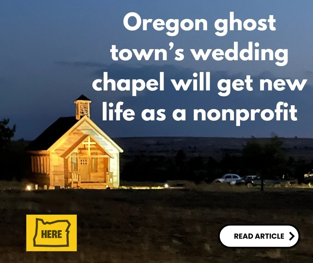 A small church at dusk with the headline 'Oregon ghost town's wedding chapel will get new life as a nonprofit' in white text. A yellow icon with the word 'HERE' in black is in the bottom left corner, and a white button with 'READ ARTICLE' and an arrow is in the bottom right corner.