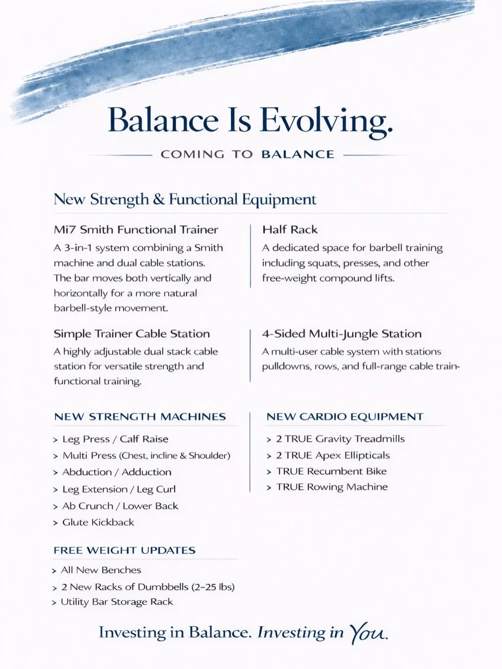 🙌 Balance is evolving.

🪄  A full transformation of the training floor - new strength - new cardio - new ways to train.

🚧  Closed for installation Monday, April 20th, and Tuesday, April 21st - reopening Wednesday, April 22nd. 

🥳  We can&rsquo;t