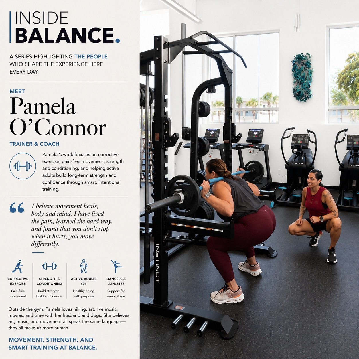 Inside Balance is a new series highlighting the people who shape the experience here every day. The trainers, teachers, therapists, and personalities that make our place what it is.

Meet Pamela O&rsquo;Connor!

Pamela&rsquo;s work focuses on correct