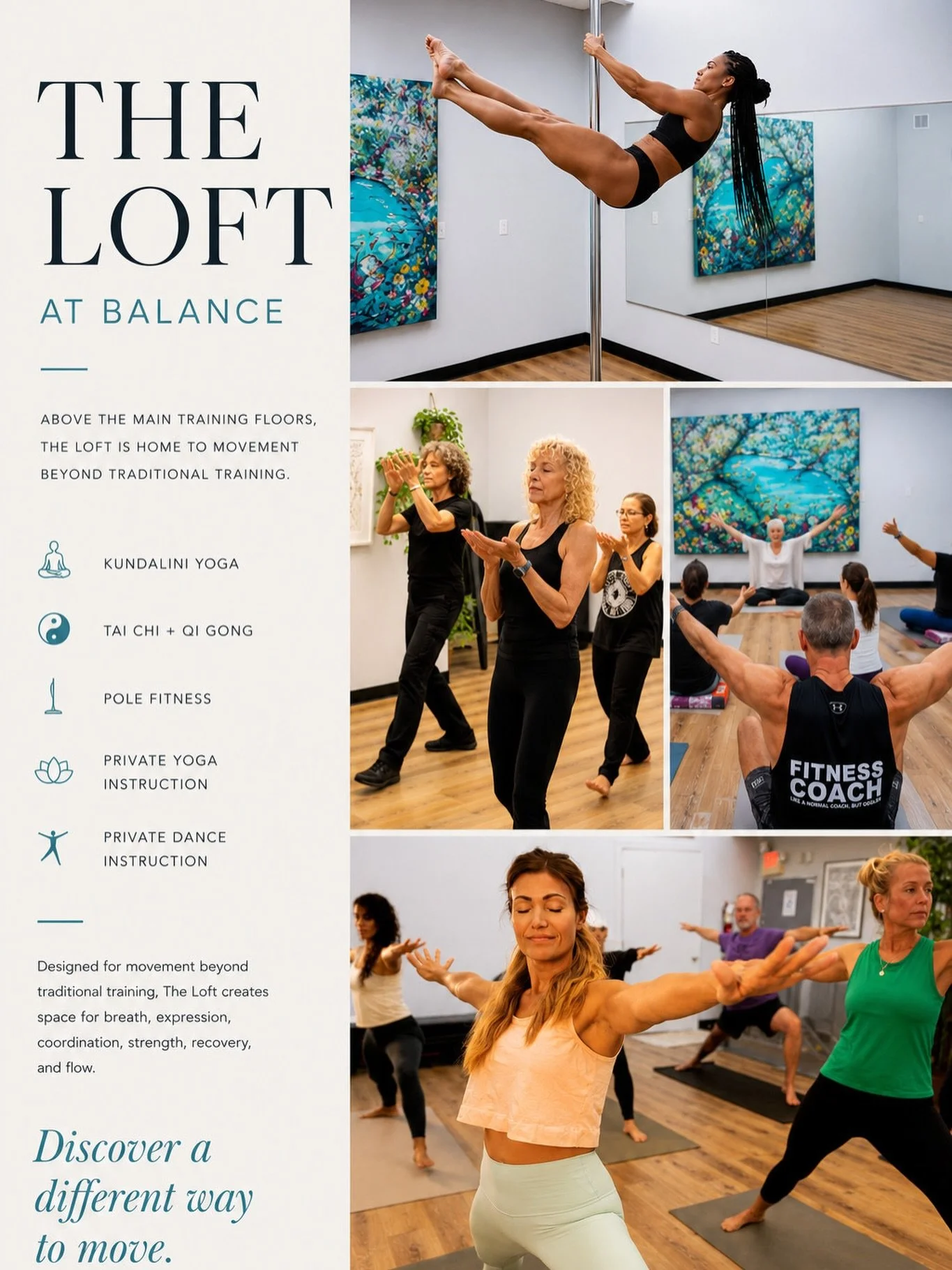 There are many sides to strength and movement.

Above the main training floors, The Loft offers space for practices centered around mobility, coordination, expression, awareness, recovery, and flow.

Kundalini Yoga.
Tai Chi + Qi Gong.
Pole Fitness.
P