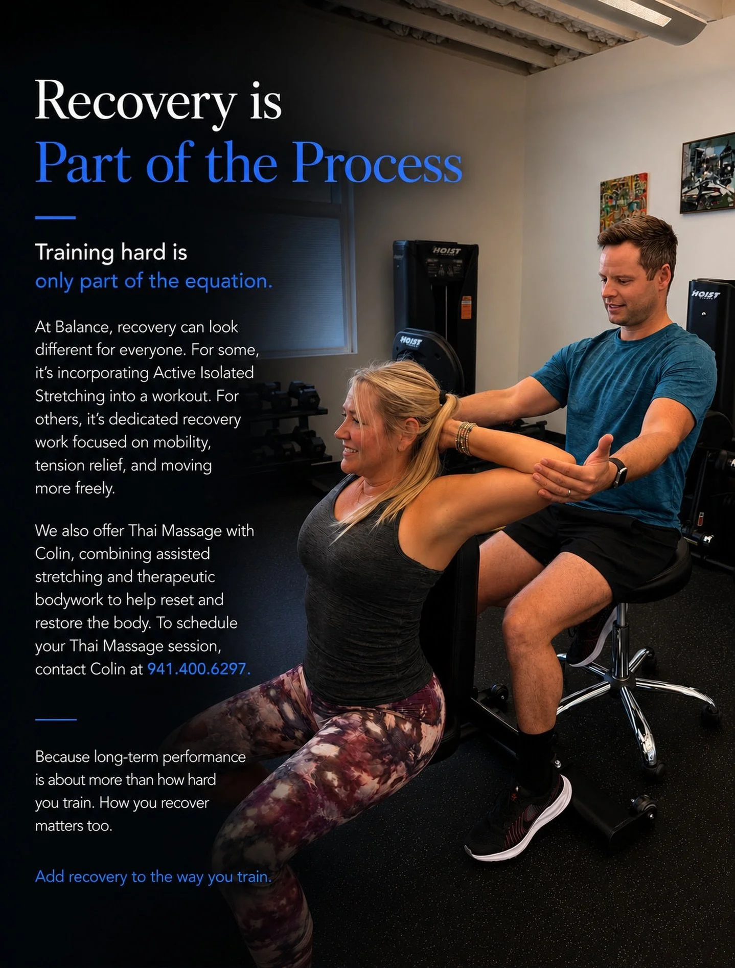 Recovery supports the work you put in.

At Balance, recovery can look different for everyone. For some, it&rsquo;s incorporating Active Isolated Stretching into a workout to improve mobility, release tension, and support better movement patterns. For