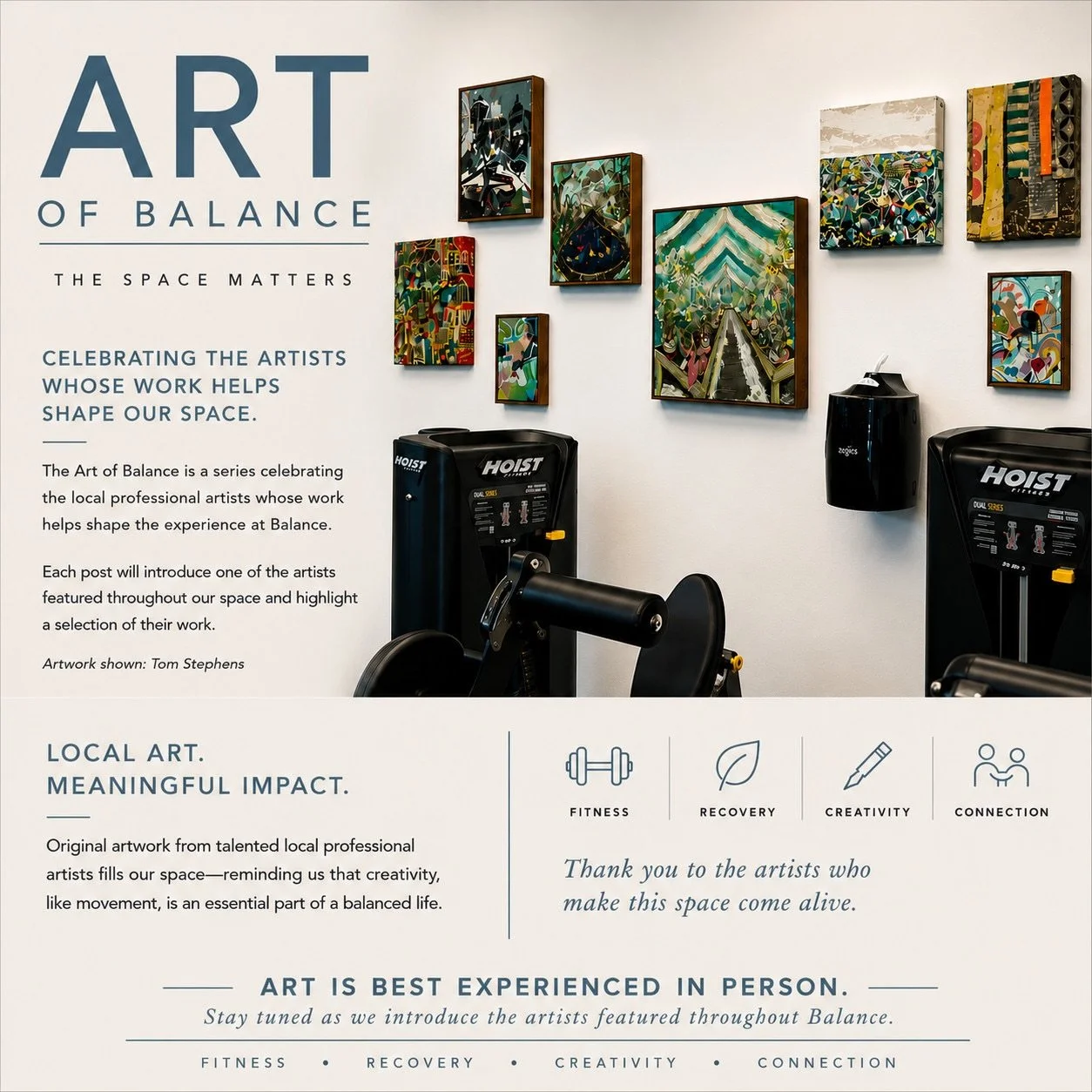 The details matter.

The atmosphere matters.

The environment matters.

Art is part of what makes Balance feel like Balance.

We&rsquo;re proud to feature original work from local professional artists throughout our space, bringing creativity, color,