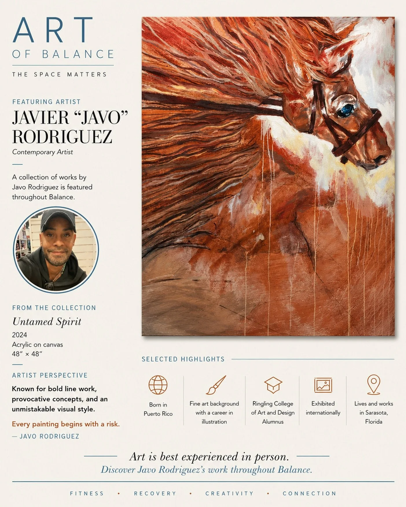 ART OF BALANCE

Featuring the work of Javier &ldquo;Javo&rdquo; Rodriguez

&ldquo;Every painting begins with a risk.&rdquo;

For Sarasota artist Javier &ldquo;Javo&rdquo; Rodriguez, that willingness to take risks is at the heart of the creative proce