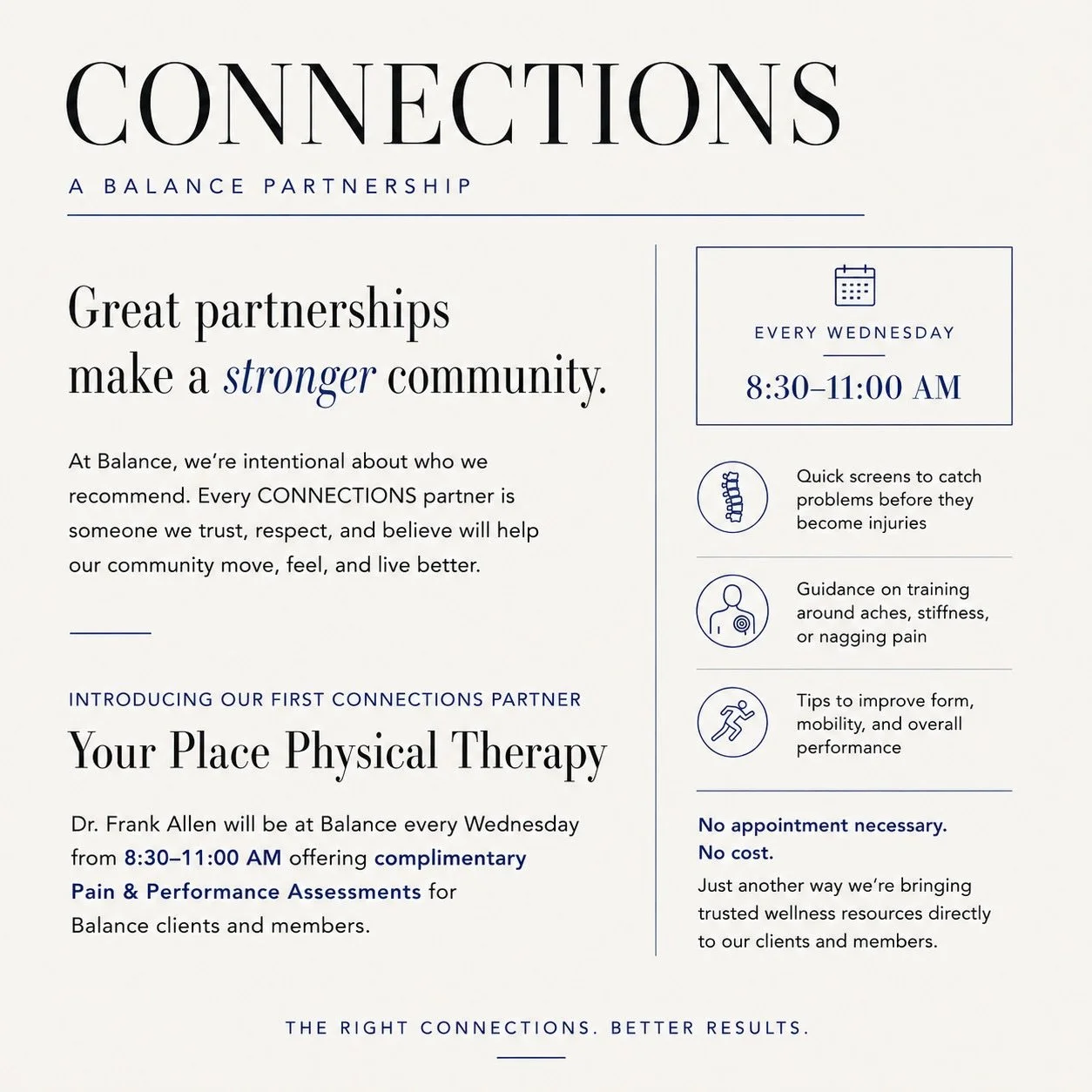 Creating business partnerships can be easy.

Finding partners whose values, standards, and approach truly align with your own brand is much harder.

At Balance, we&rsquo;re intentional about who we recommend. Every CONNECTIONS partner is someone we t