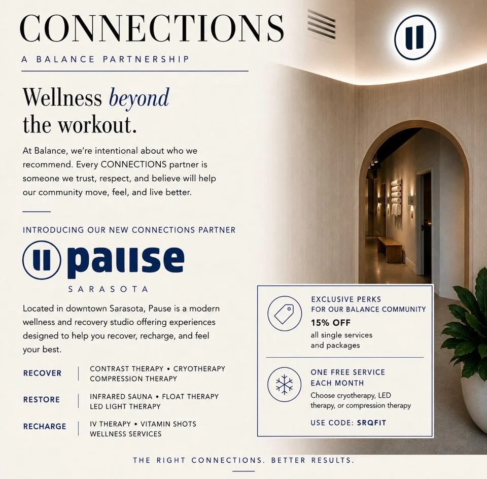 CONNECTIONS | Balance &times; Pause Sarasota

At Balance, we&rsquo;re intentional about who we recommend. Every CONNECTIONS partner is someone we trust, respect, and believe adds something meaningful to our community.

We&rsquo;re excited to welcome 