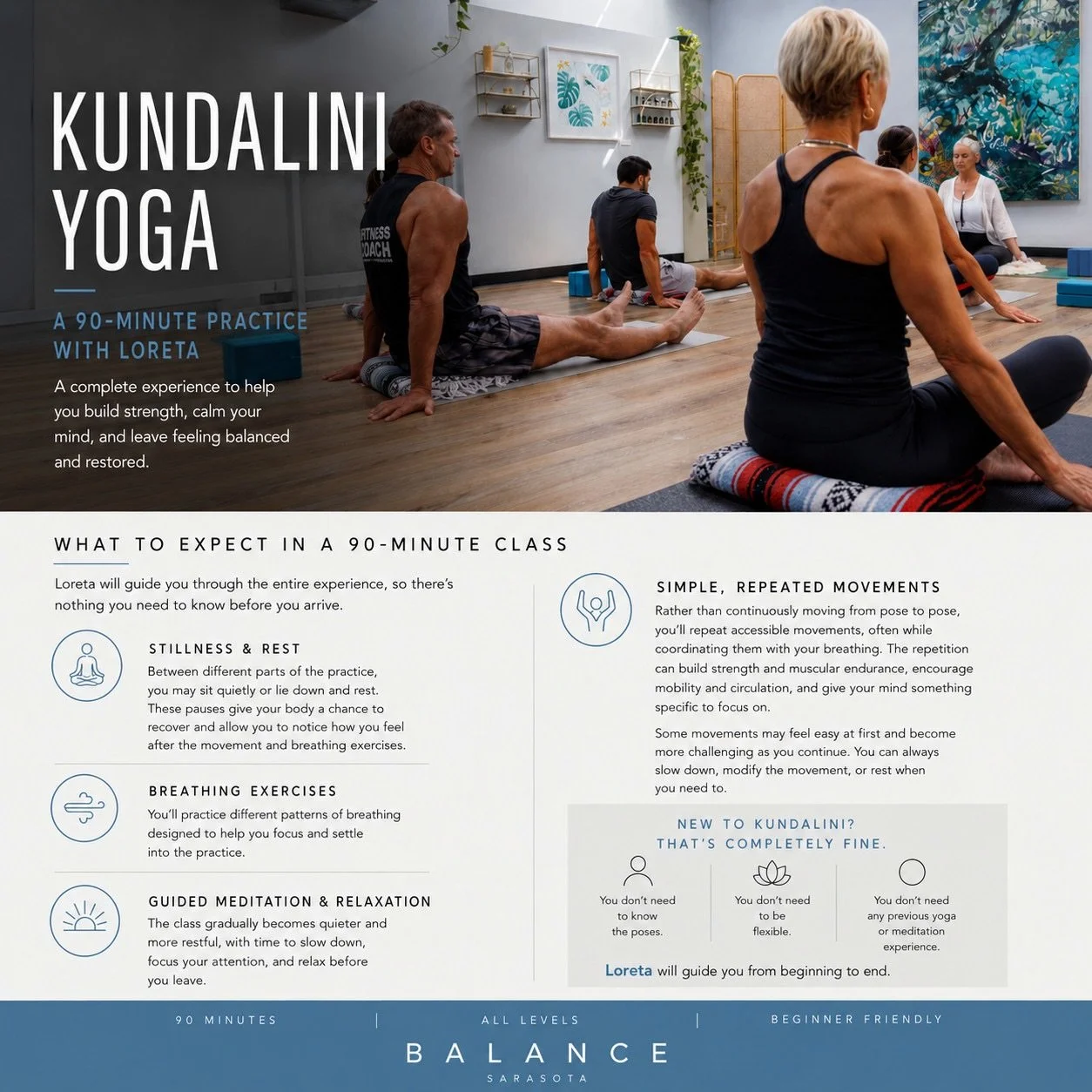 Curious about Kundalini Yoga, but not really sure what it is?

You&rsquo;re not alone. It&rsquo;s probably different from the yoga class you&rsquo;re picturing.

No experience. No need to be flexible. Just come in, get comfortable, and let Loreta gui