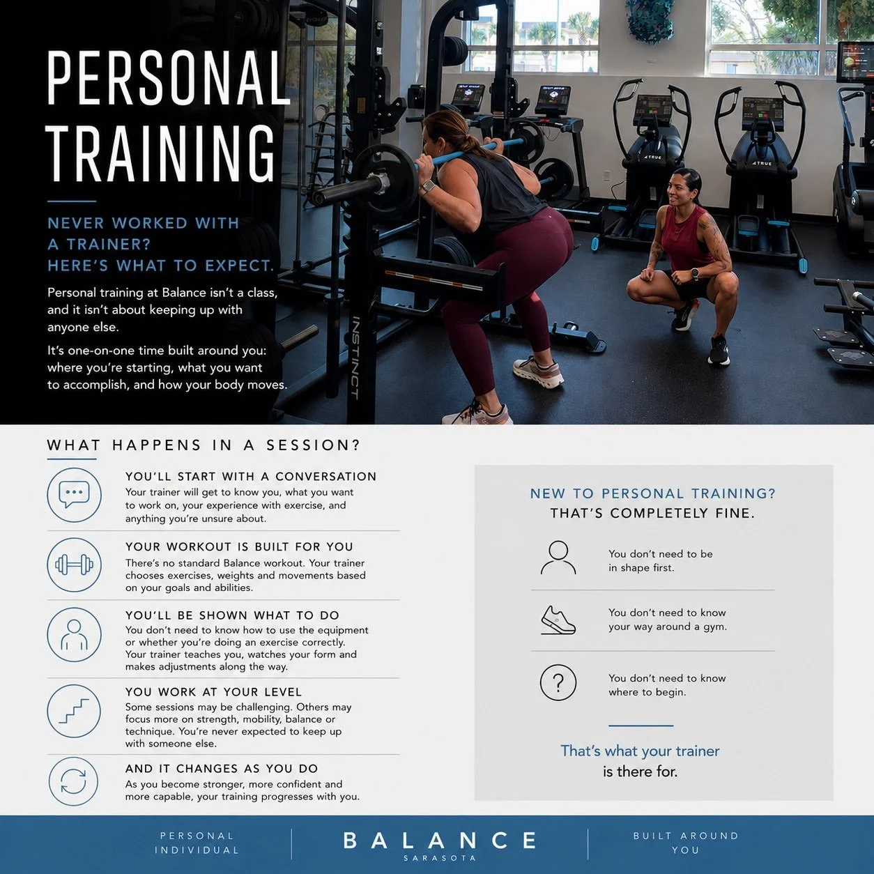 Personal training should feel personal.

Smart, one-on-one training built around you: your goals, your body, your starting point, and your progress.

Wherever you&rsquo;re starting, start here.

Personal Training at Balance.