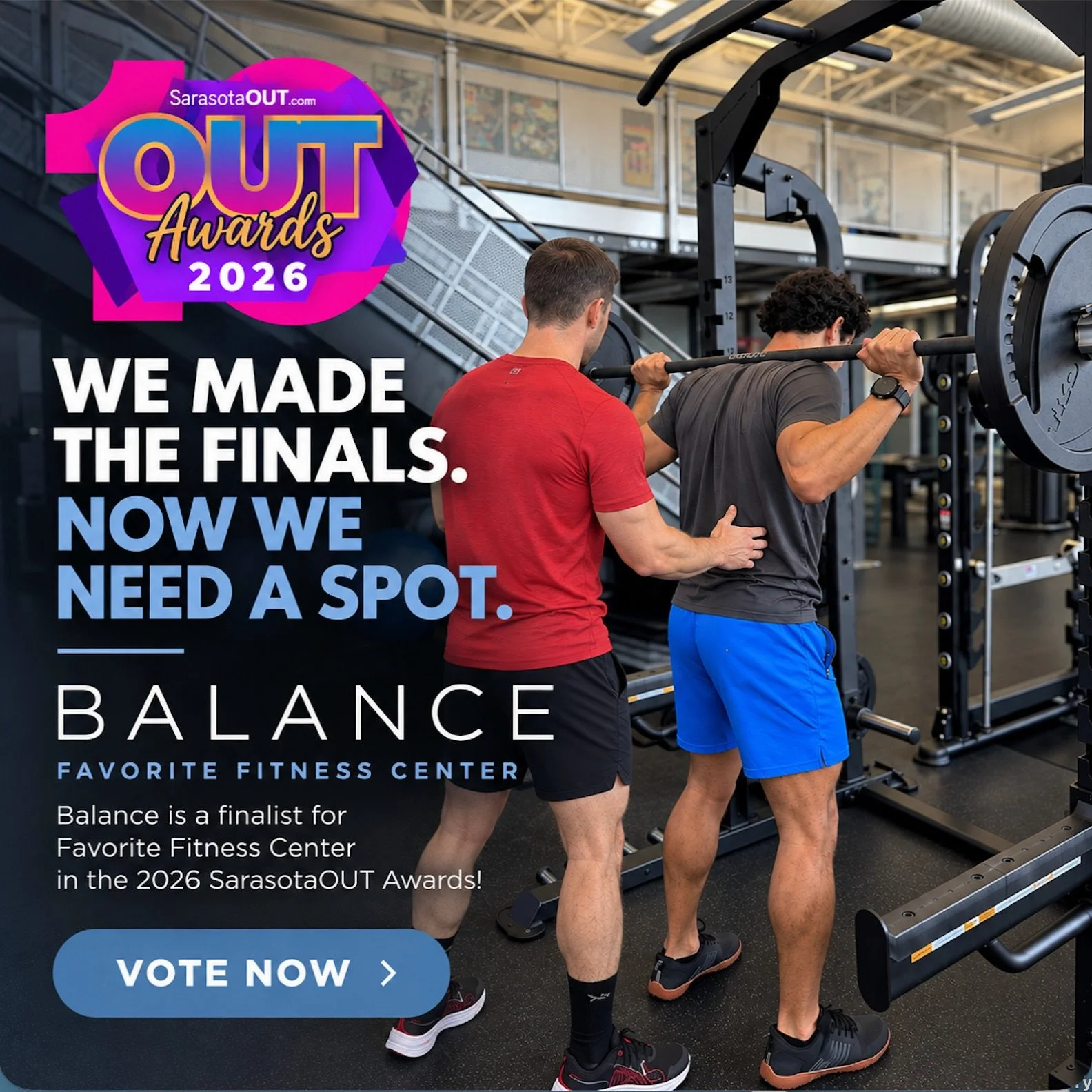 WE MADE THE FINALS.
NOW WE NEED A SPOT. 💙

Balance is a finalist for Favorite Fitness Center in the 2026 SarasotaOUT Awards!

We&rsquo;d love your vote. No burpees required. 😉

Thanks for being part of what makes Balance special!

Vote here: https: