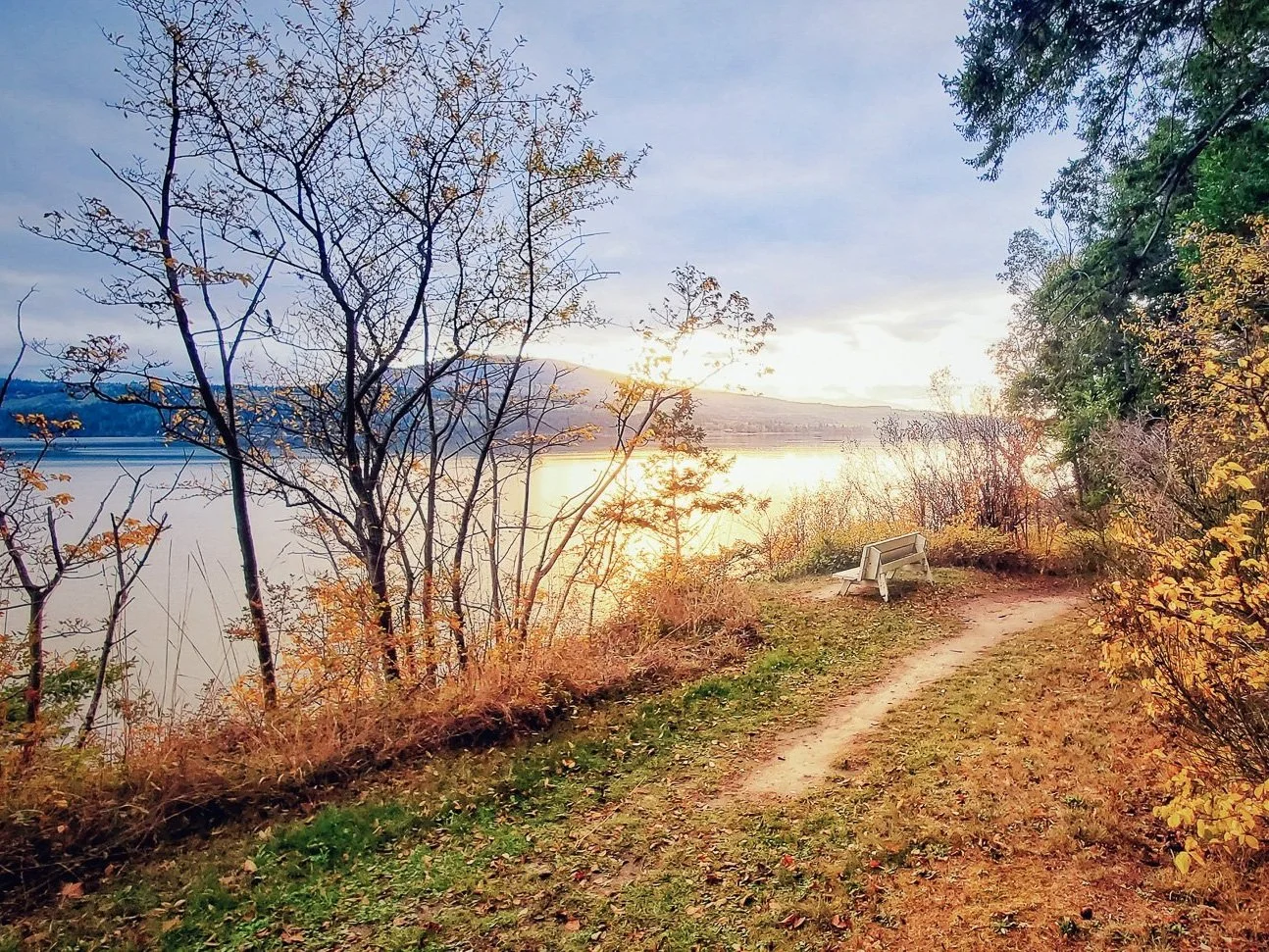 Private beach path with a white bench seating area on the bluff overlooking Discovery Bay and the Olympic foothills as the sun goes down and reflects off Discovery Bay.