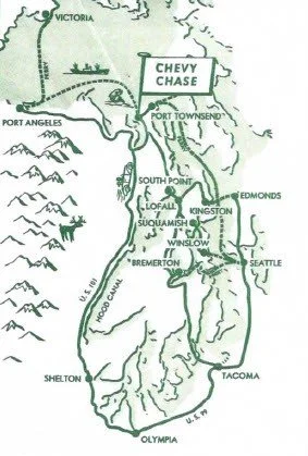Vintage illustrative map of Chevy Chase Beach Cabins showing Victoria, Seattle, Port Angeles and other nearby with landmarks like the Olympics