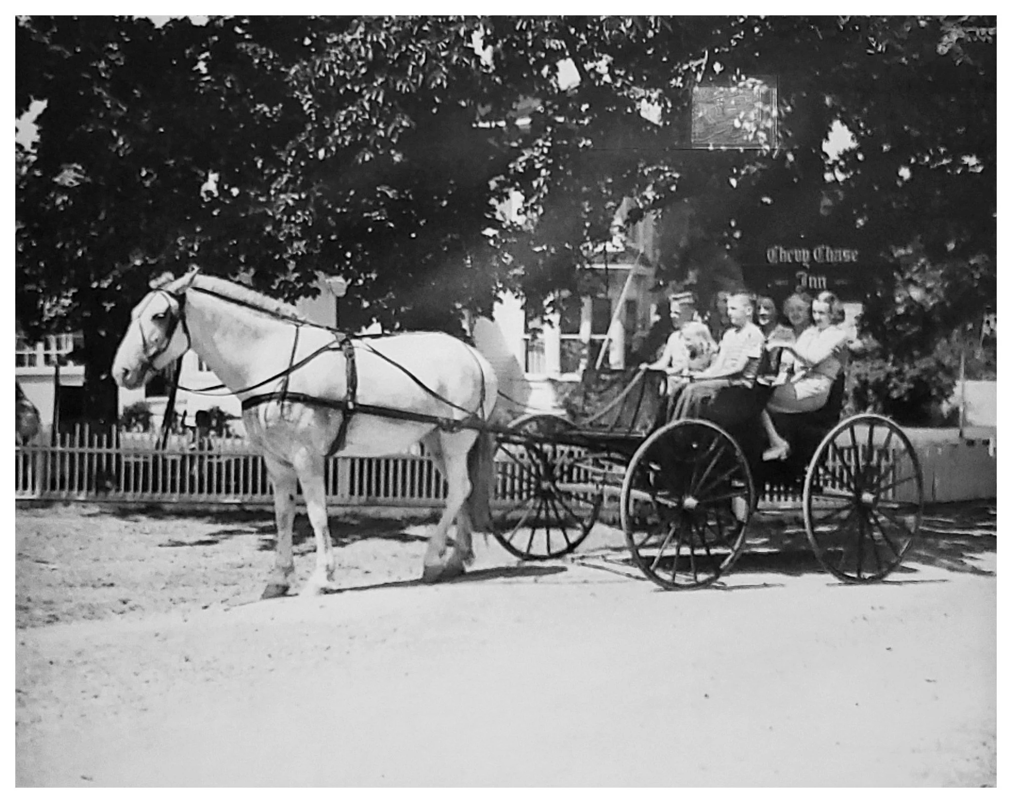 Historical black and white of white horse pulling buggy of people in front of white victorian Chevy Chase Inn