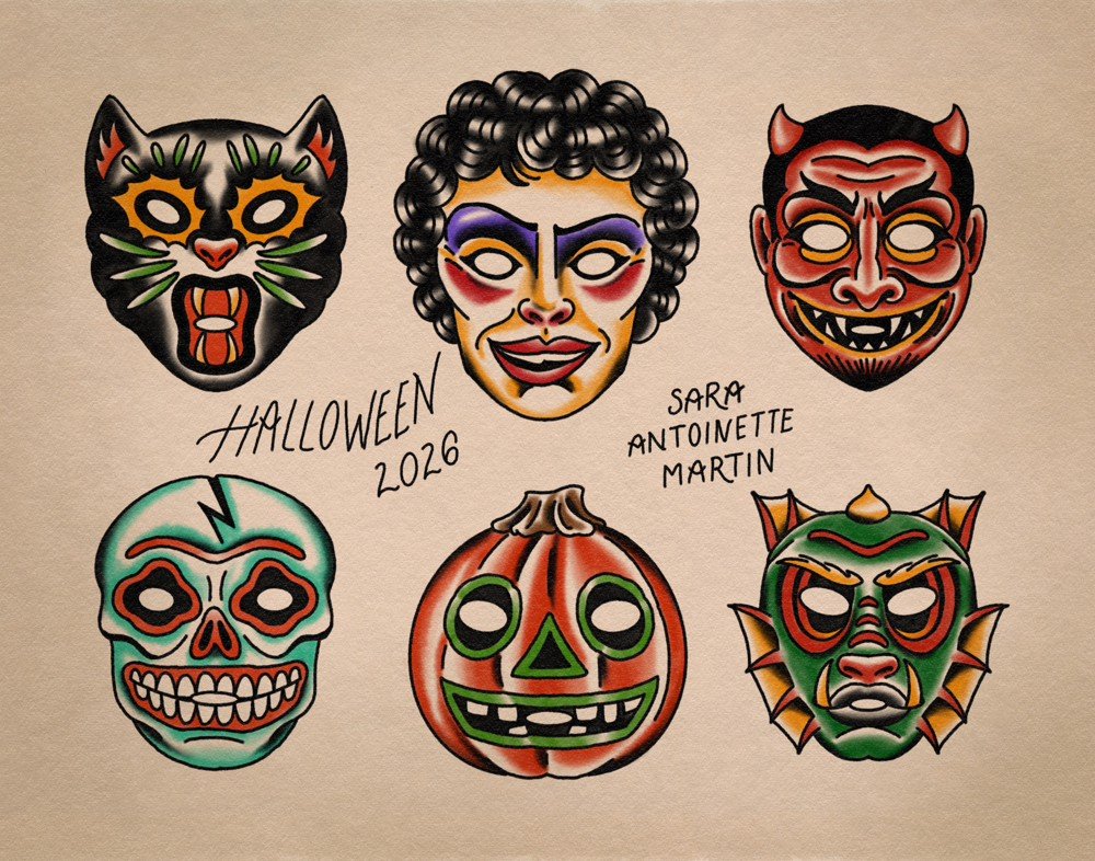 tattoo flash done in neo traditional style of 6 vintage halloween masks.  All color.  a cat, rocky horror, a devil, a skull, a pumpkin, and a sea monster