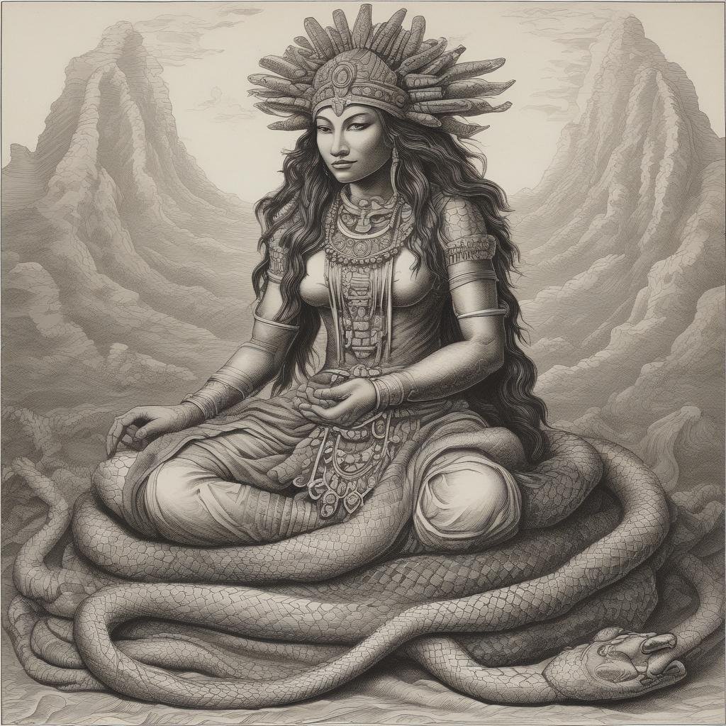 Illustration of a woman in traditional attire with an elaborate headdress, sitting serenely in a meditative pose, surrounded by a large snake, with a mountainous backdrop.