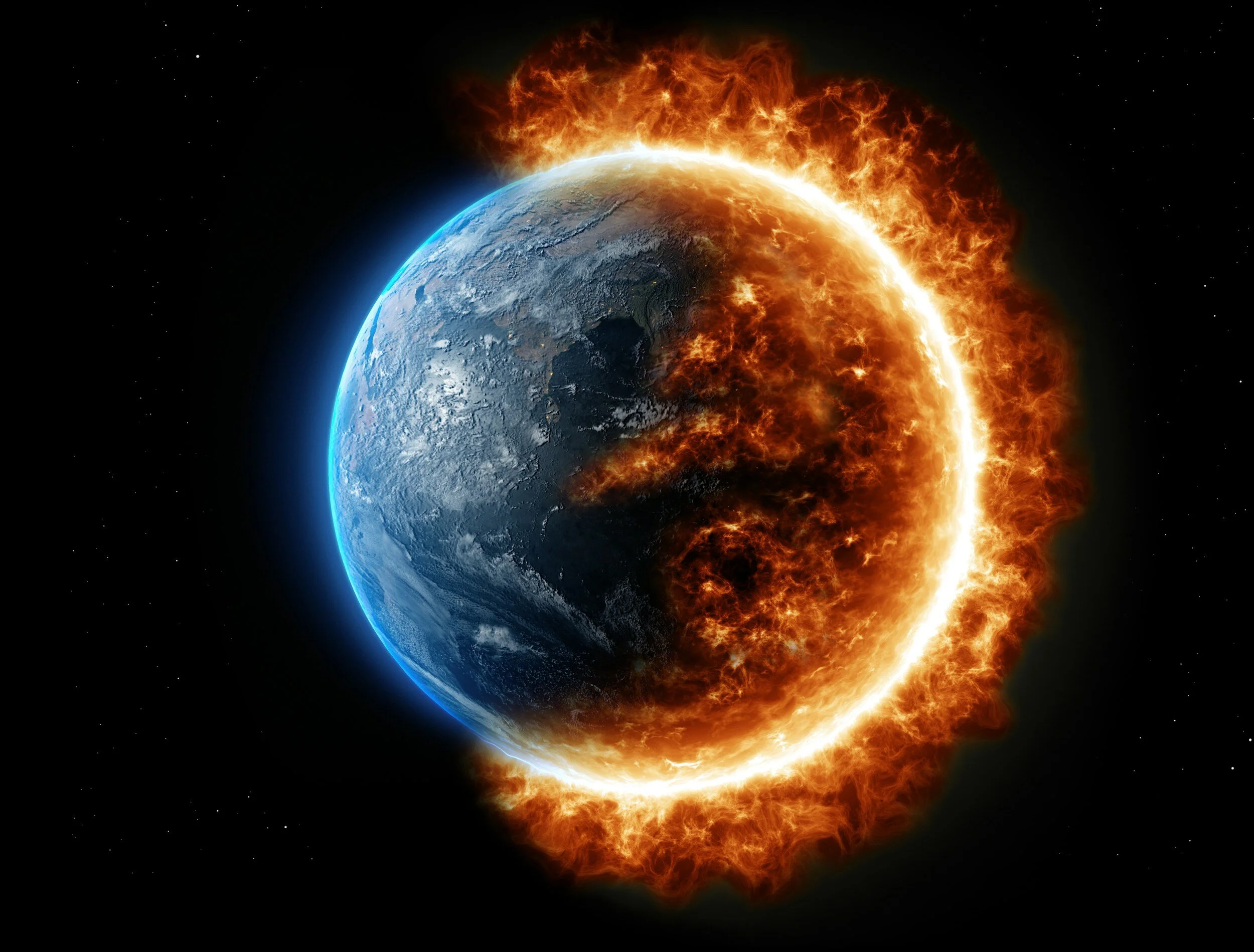 Earth partially engulfed in flames in space