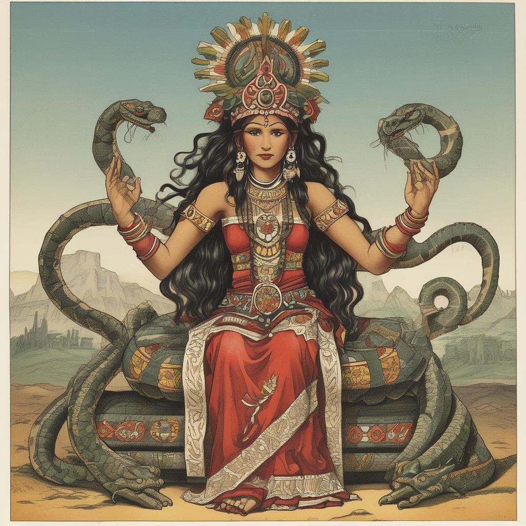 A woman in a red dress with elaborate jewelry, seated on a decorative throne surrounded by large, coiled snakes in a mythical setting.