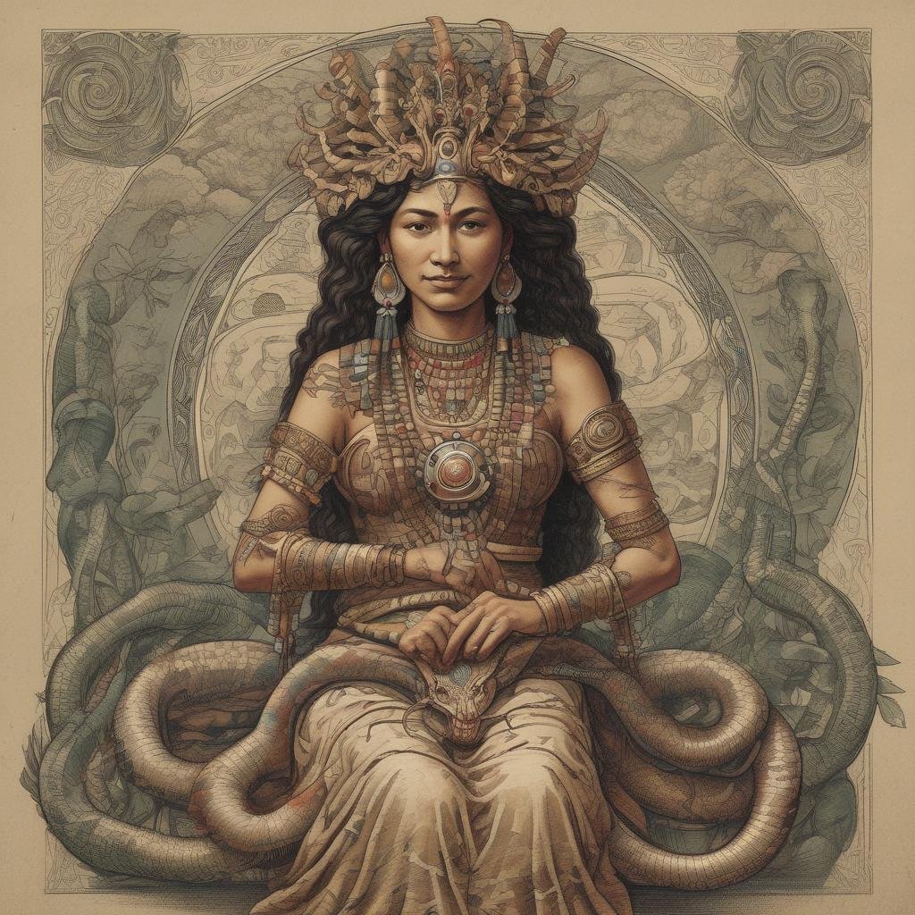 Artistic illustration of a woman in elaborate attire with an intricate headdress, surrounded by snakes, sitting against a detailed patterned background.
