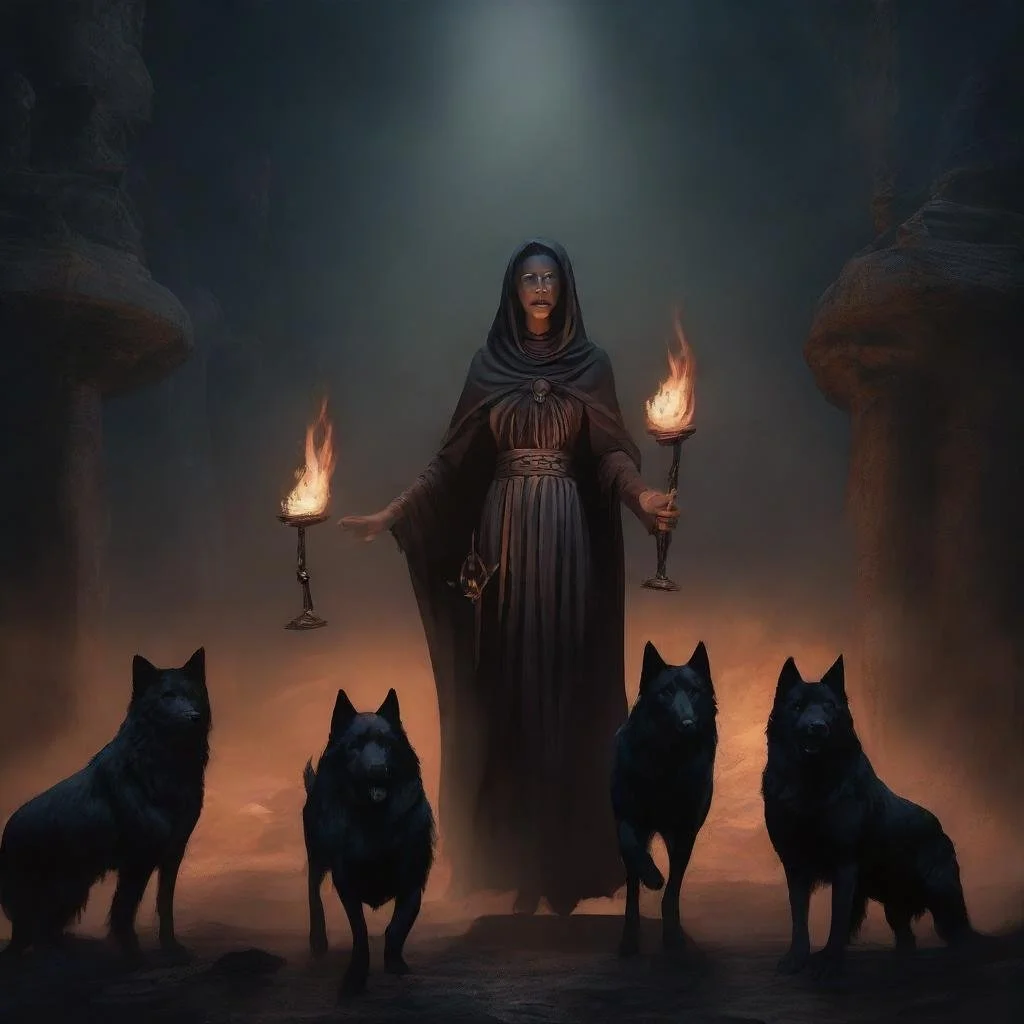 A mysterious figure in a hooded robe holding torches stands in a dark, foggy setting, surrounded by four shadowy dogs. The scene is dimly lit with an eerie glow from the torches.