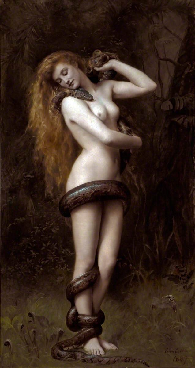 A painting of a nude woman with long hair standing in a forest, entwined by a large snake from her shoulders to her legs.