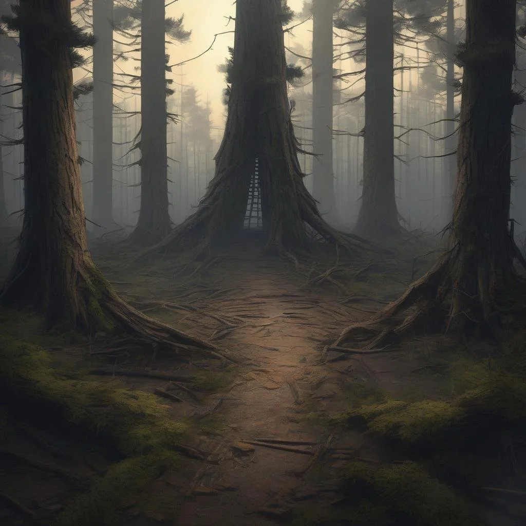 A misty forest scene with tall trees and a dirt path. The trees have gnarled roots and one tree has a small ladder against it. The atmosphere is eerie and mystical.