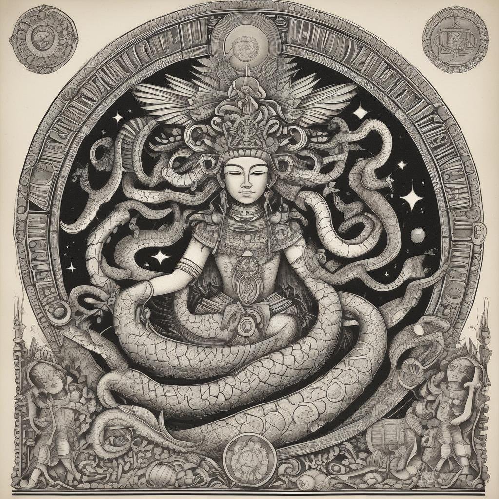 Intricate drawing of a mythical figure with snakes and celestial motifs