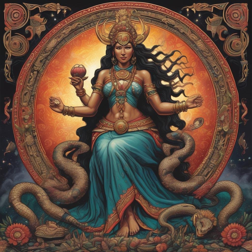 Illustration of a goddess with four arms, wearing traditional attire and jewelry, seated with snakes around her. She holds an object in one hand, with a radiant circular aura behind her.