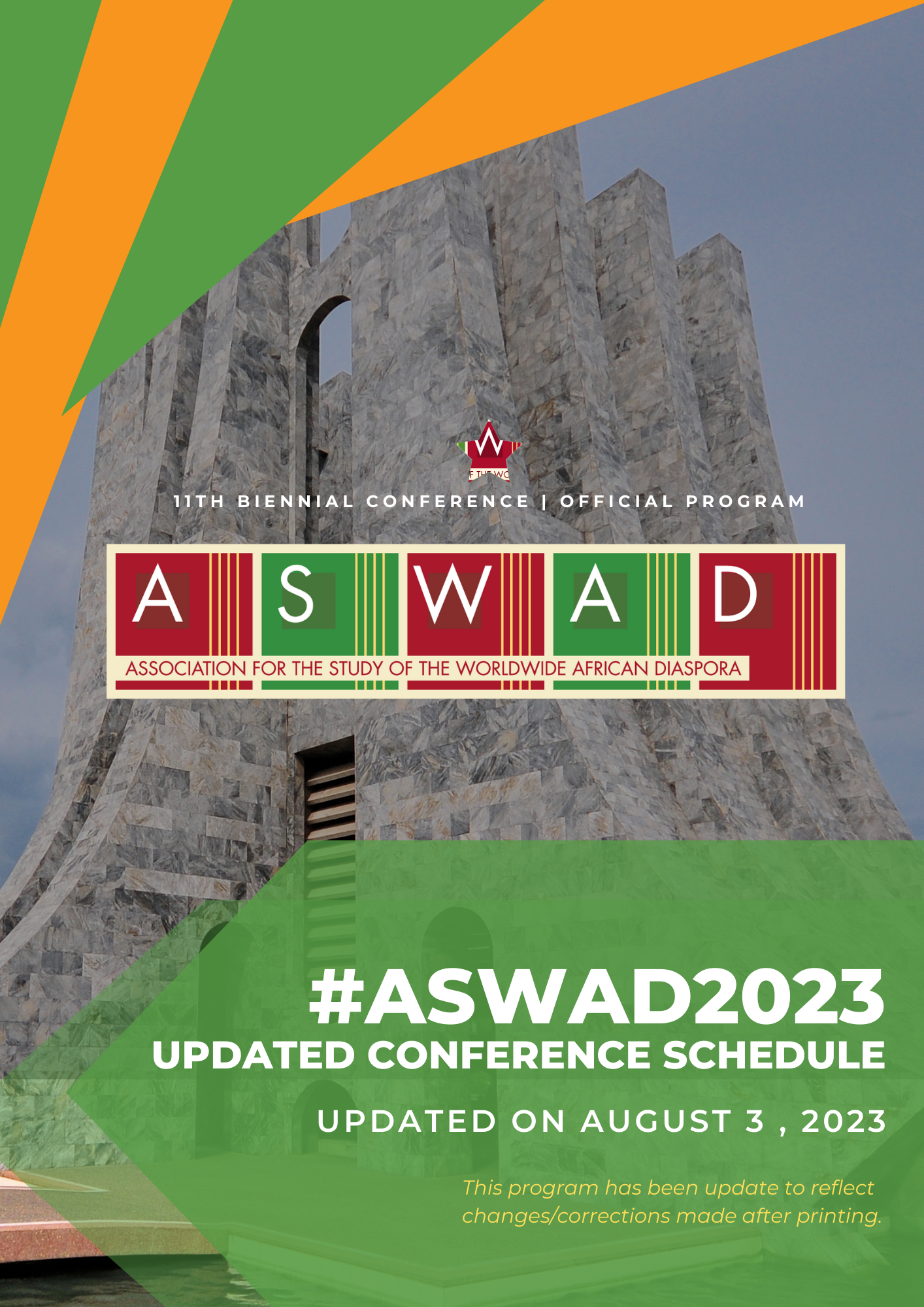cover of the ASWAD 2023 Conference Schedule with a picture of the Kwame Nkrumah Memorial Park & Mausoleum on the cover with green and yellow graphics, with the ASWAD logo