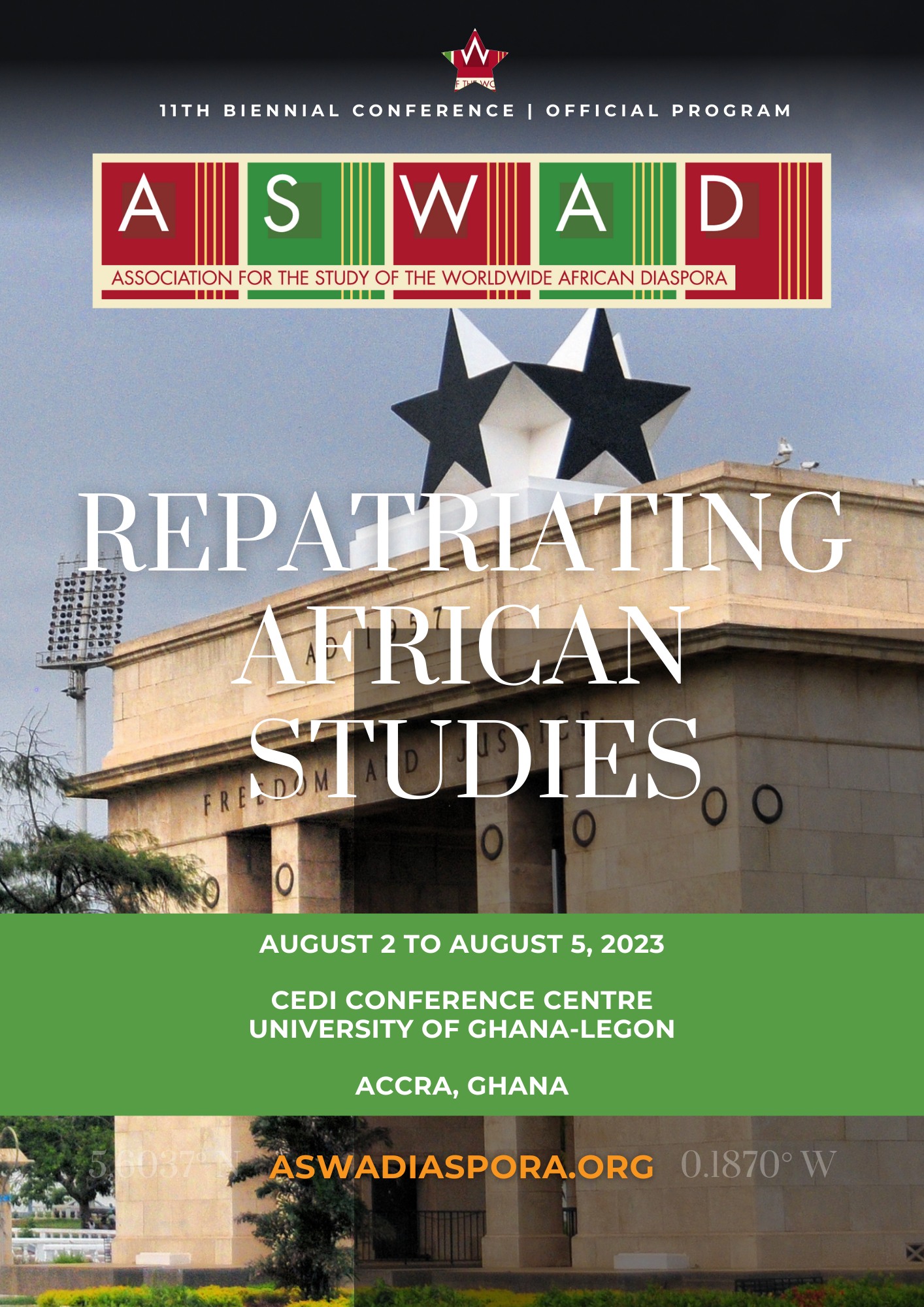 cover of the ASWAD 2023 conference schedule with the title Repatriating African Studies superimposed over an image of Ghana's Independence Arch