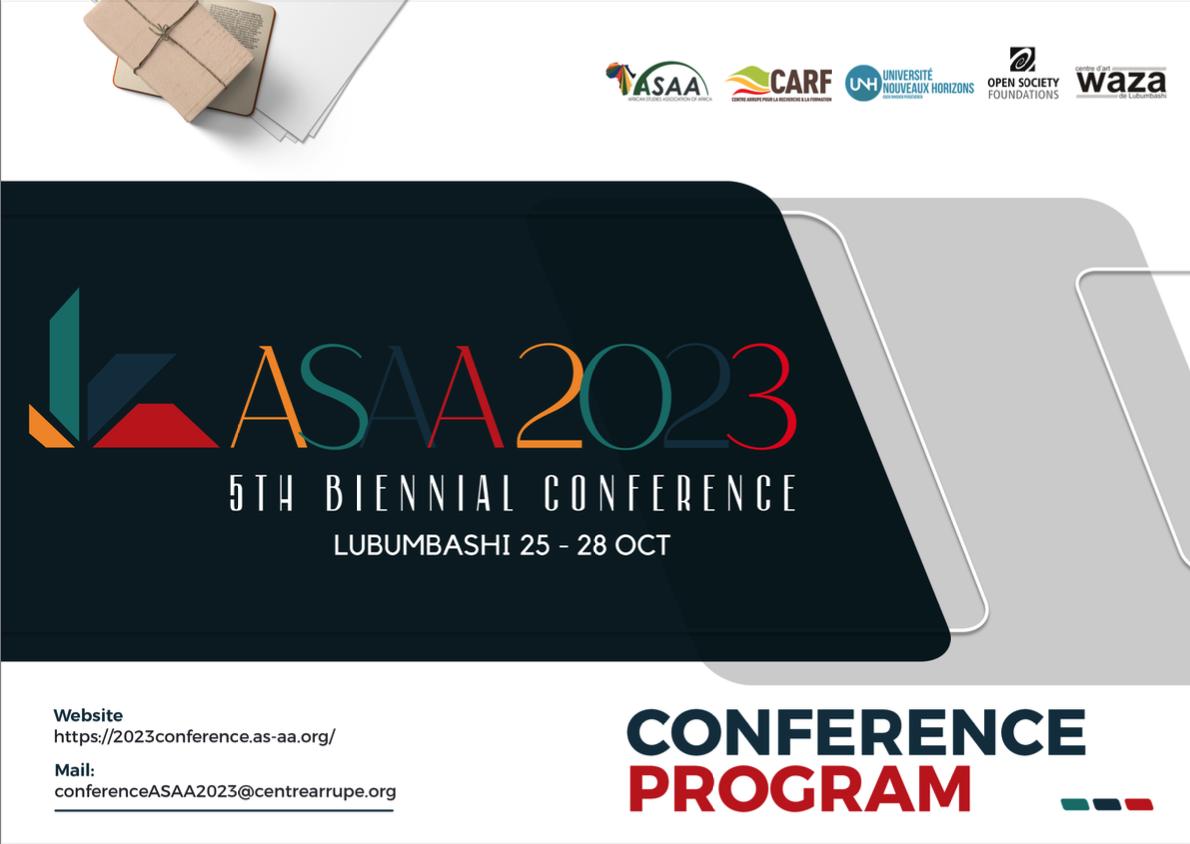 Cover of the ASAA2023 conference program with the date of he conference, sponsor logos and  an image of books in the upper left corner. The website for the conference is on the bottom left.